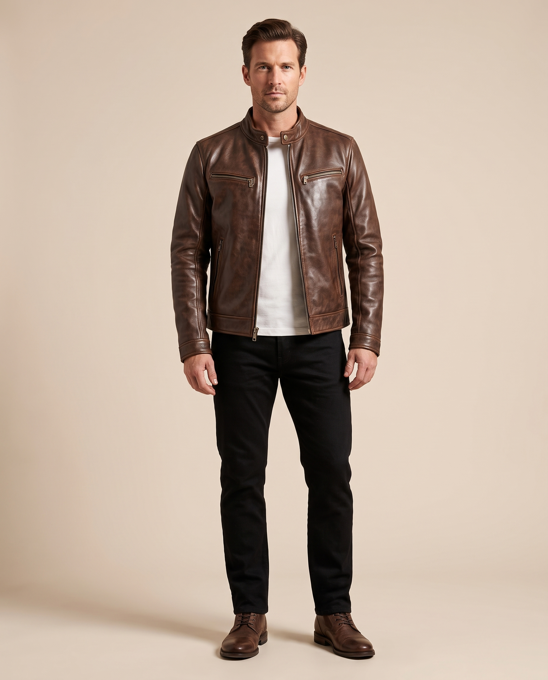 Emma Wien Herrenjacke 19 – Modell auf warmbeigem Studiohintergrund