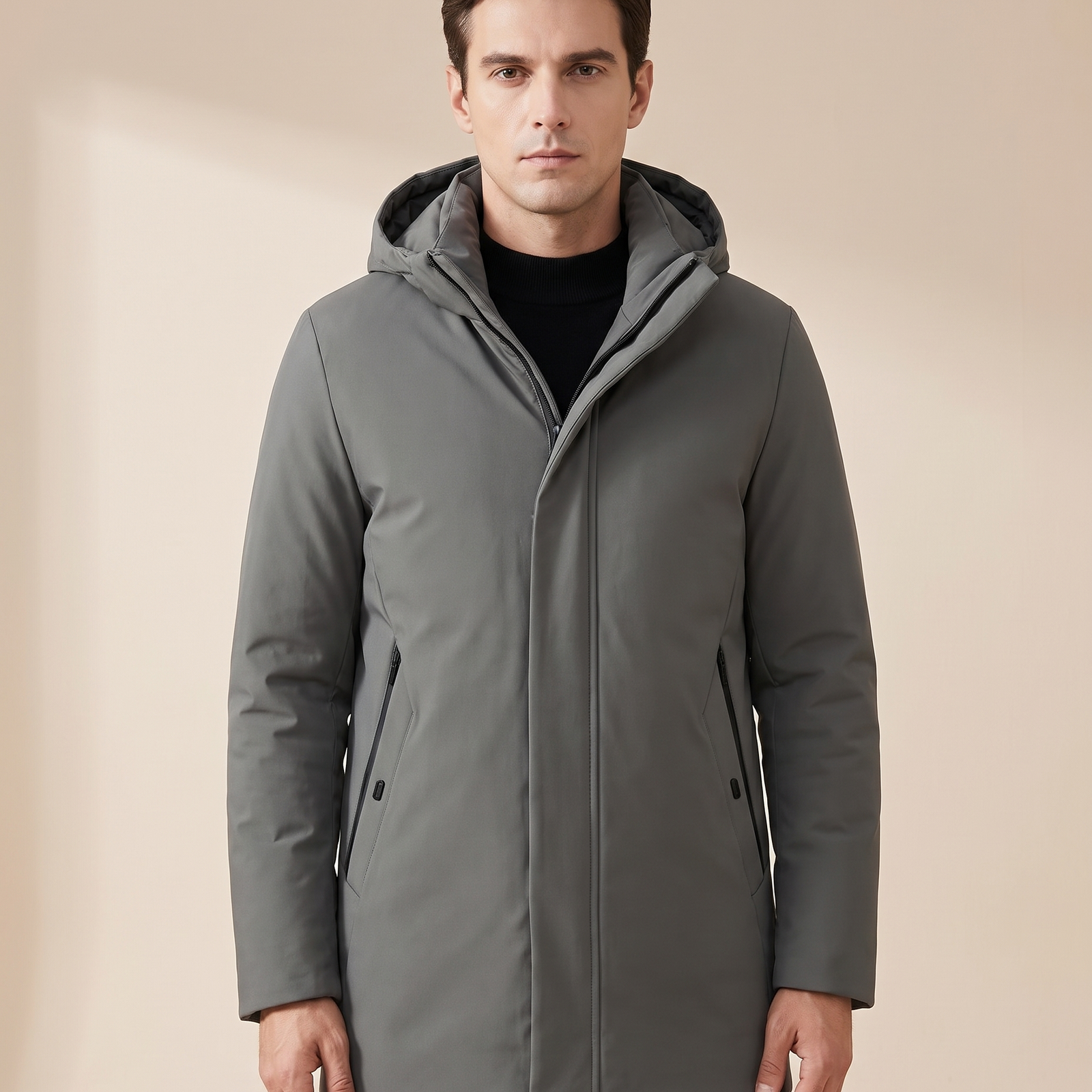 Emma Wien Herrenjacke 3 – Modell auf warmbeigem Studiohintergrund