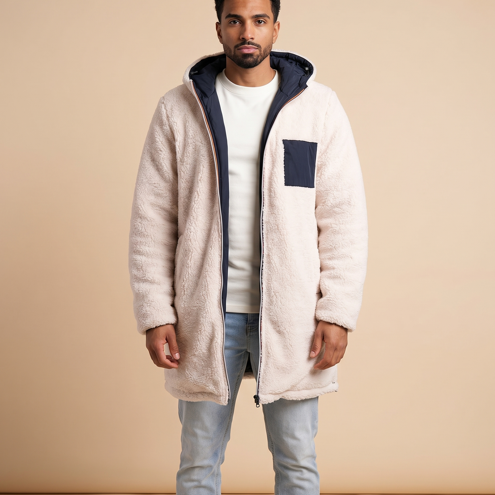 Emma Wien Herrenjacke 5 – Modell auf warmbeigem Studiohintergrund