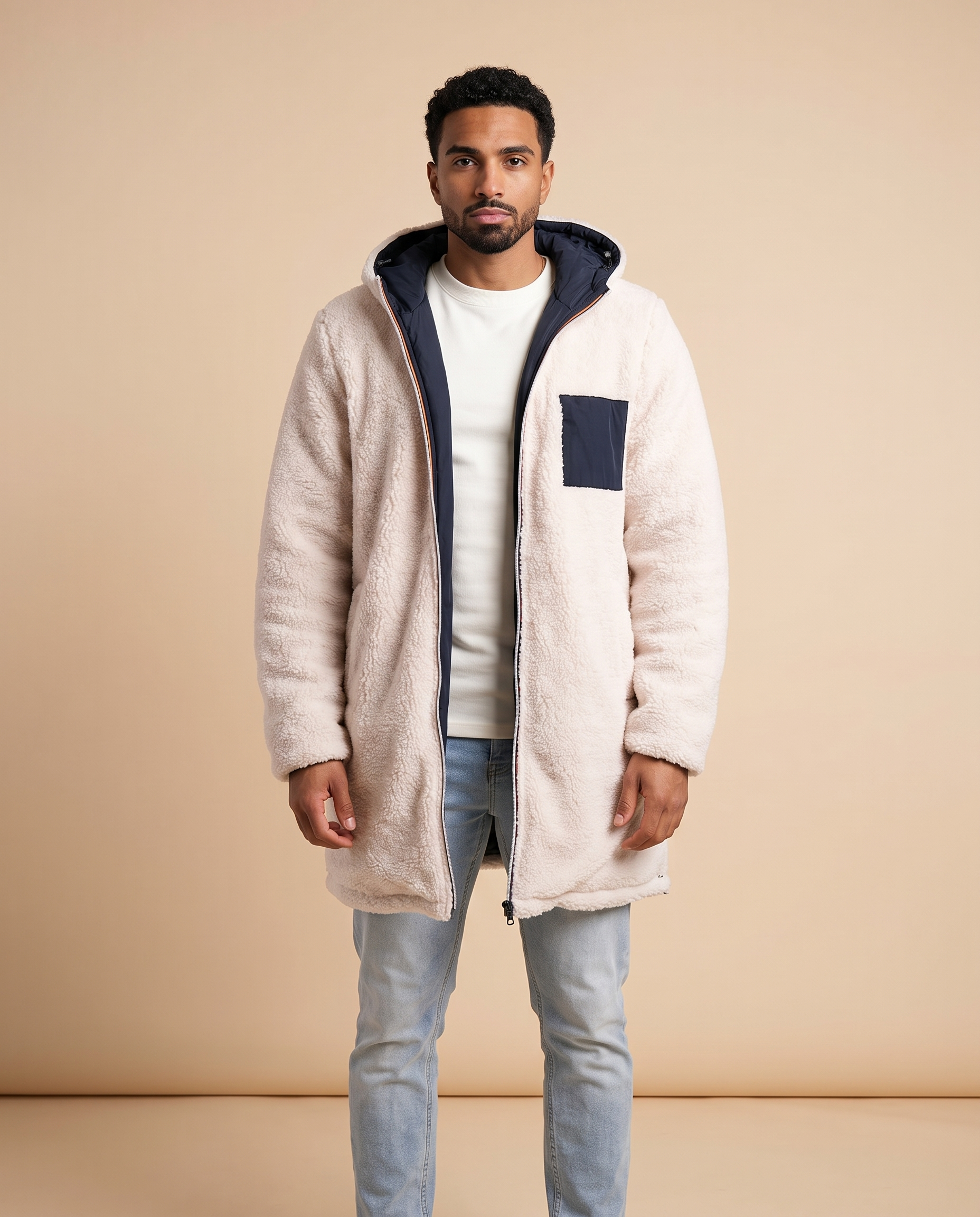Emma Wien Herrenjacke 5 – Modell auf warmbeigem Studiohintergrund