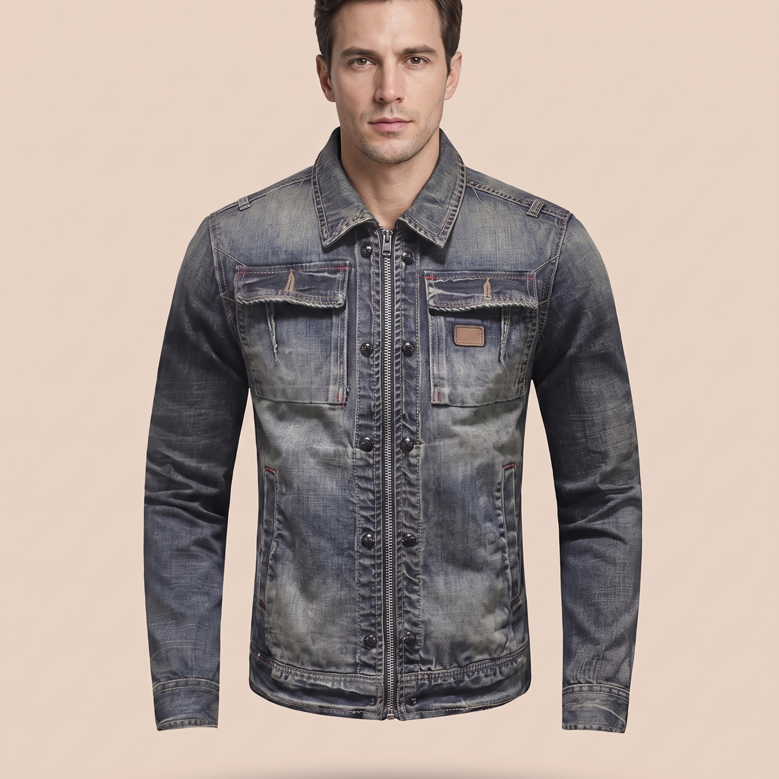 Herrenjacke com modelo masculino em fundo bege