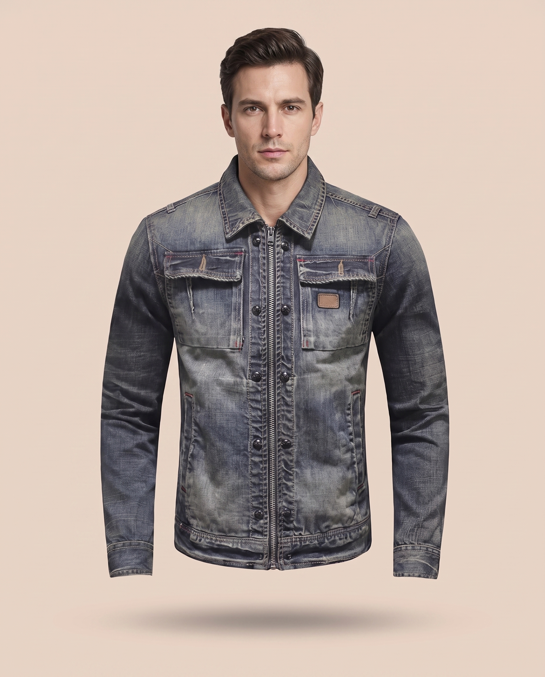 Herrenjacke com modelo masculino em fundo bege