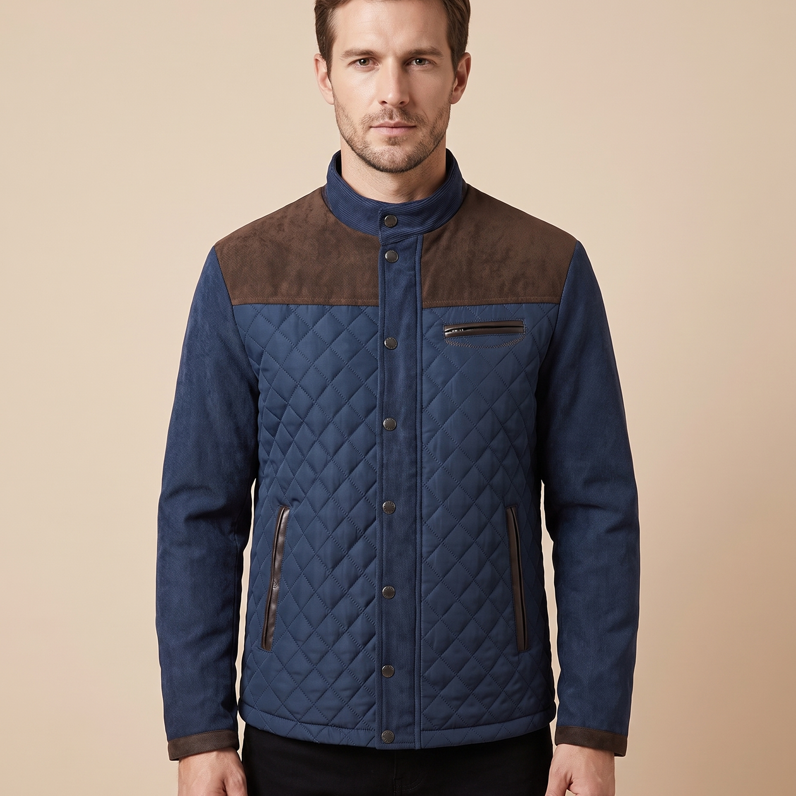 Herrenjacke com modelo masculino em fundo bege