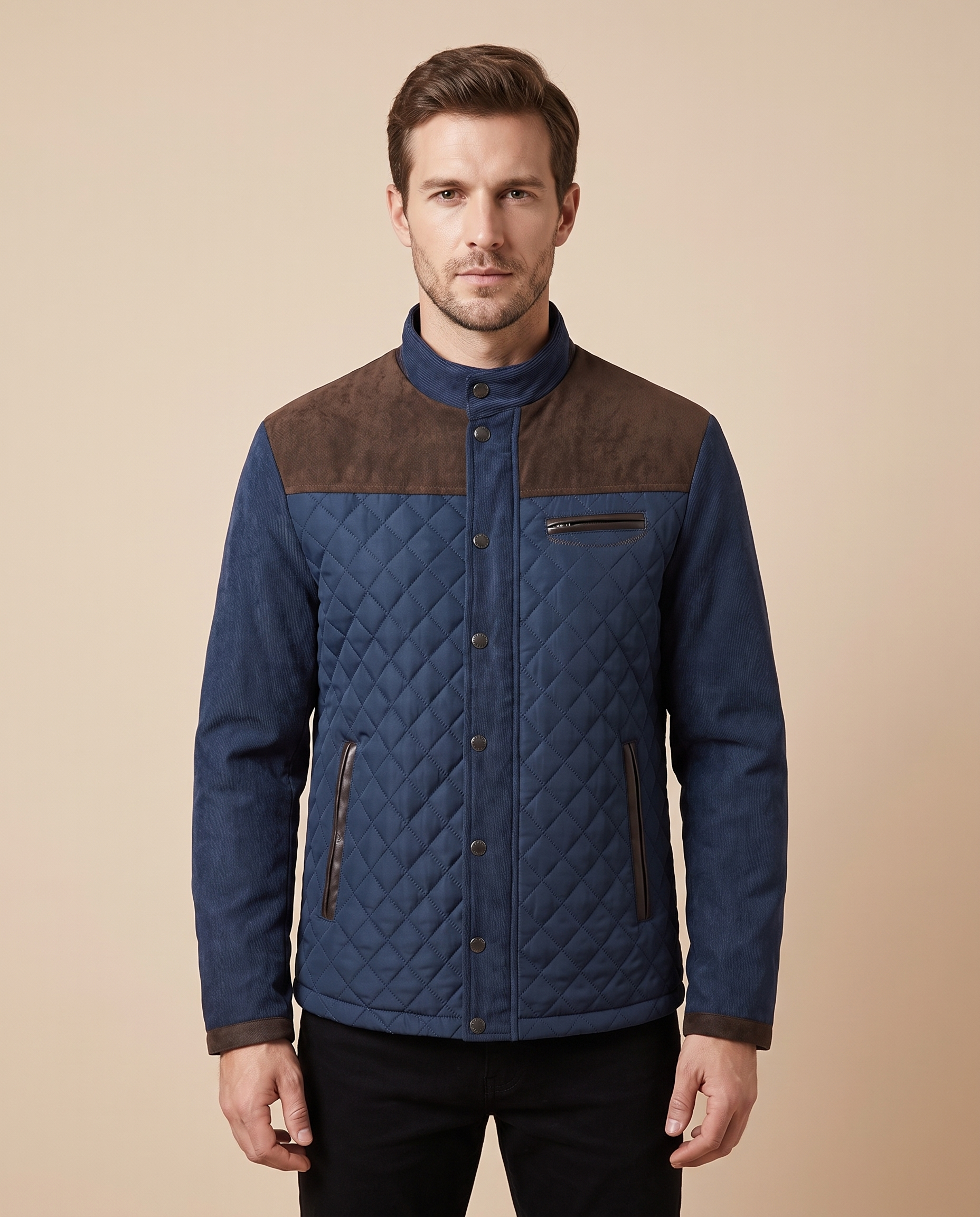 Herrenjacke com modelo masculino em fundo bege