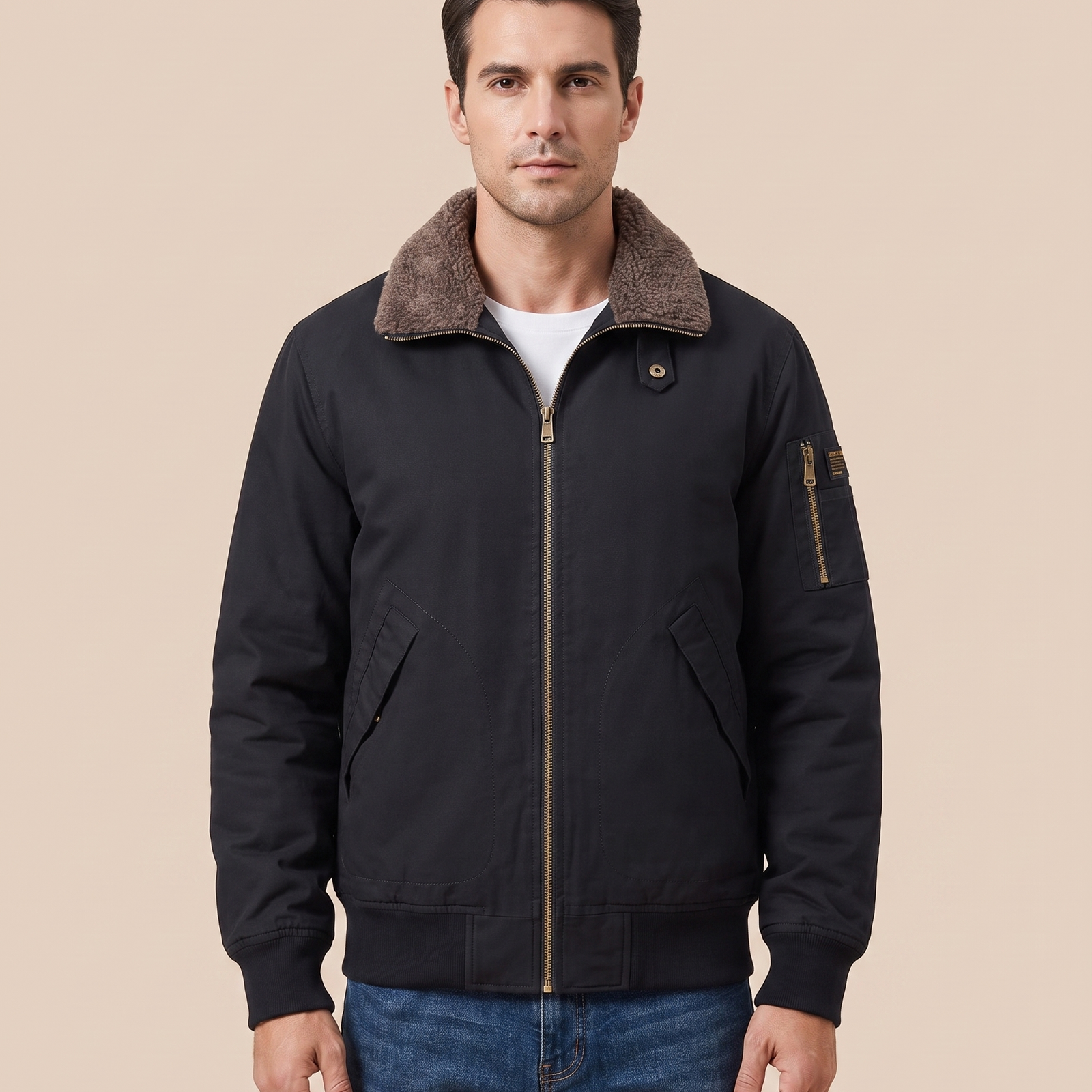 Herrenjacke com modelo masculino em fundo bege