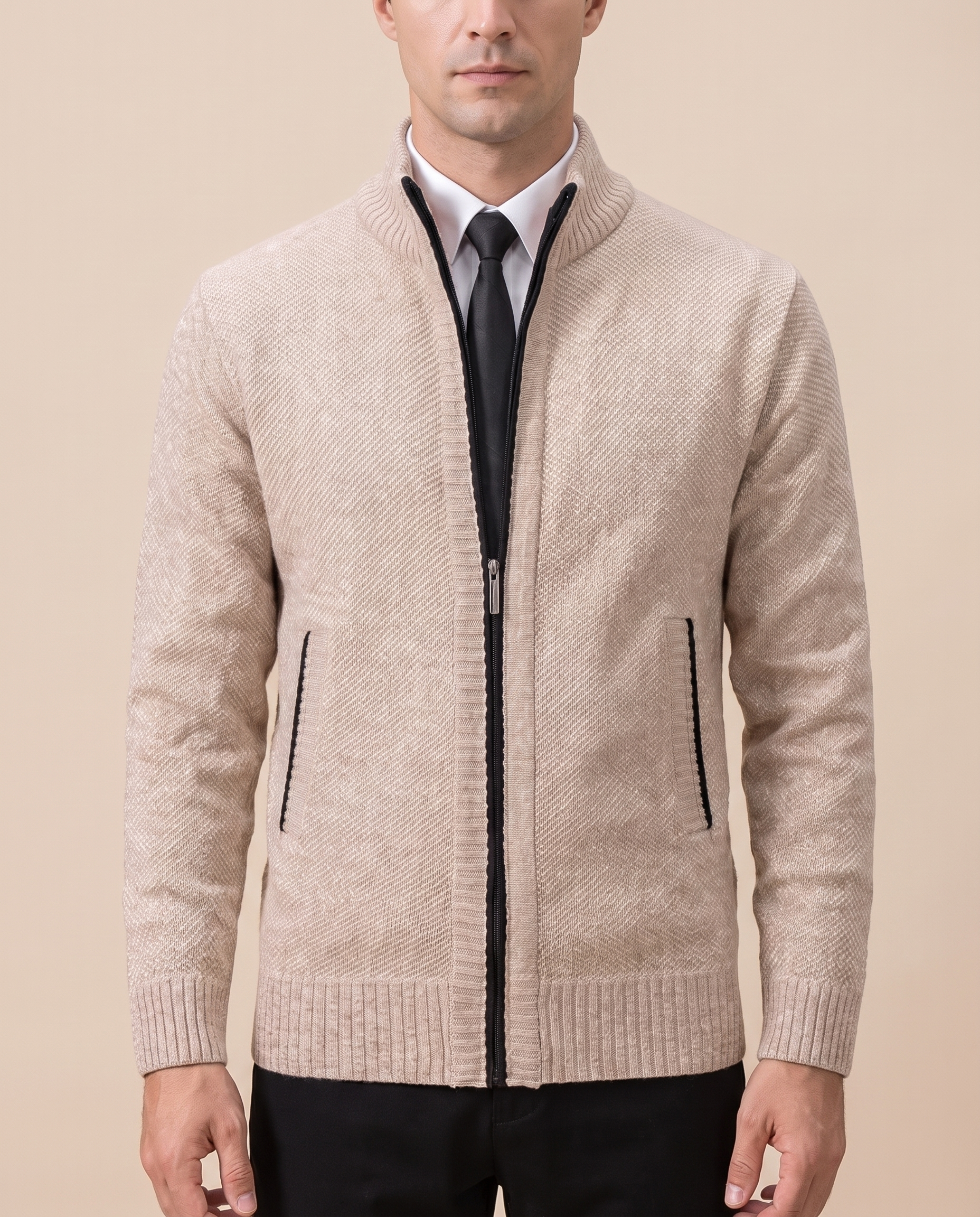 Herrenjacke com modelo masculino em fundo bege