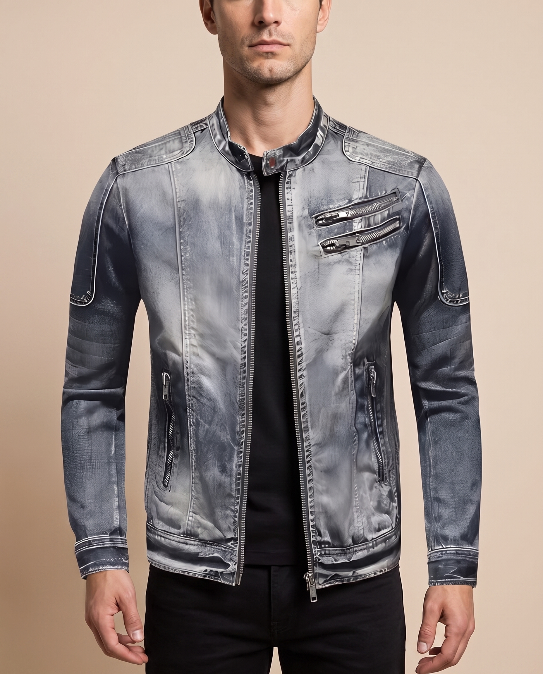 Herrenjacke com modelo masculino em fundo bege