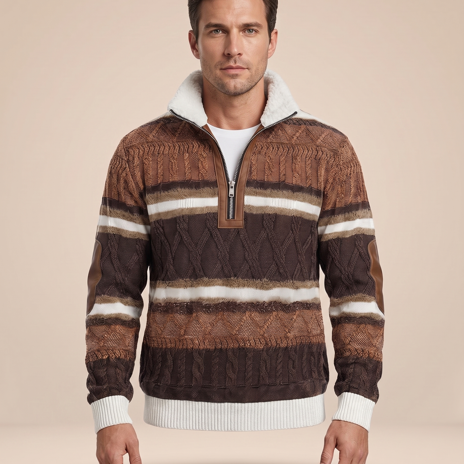 Herrenjacke com modelo masculino em fundo bege