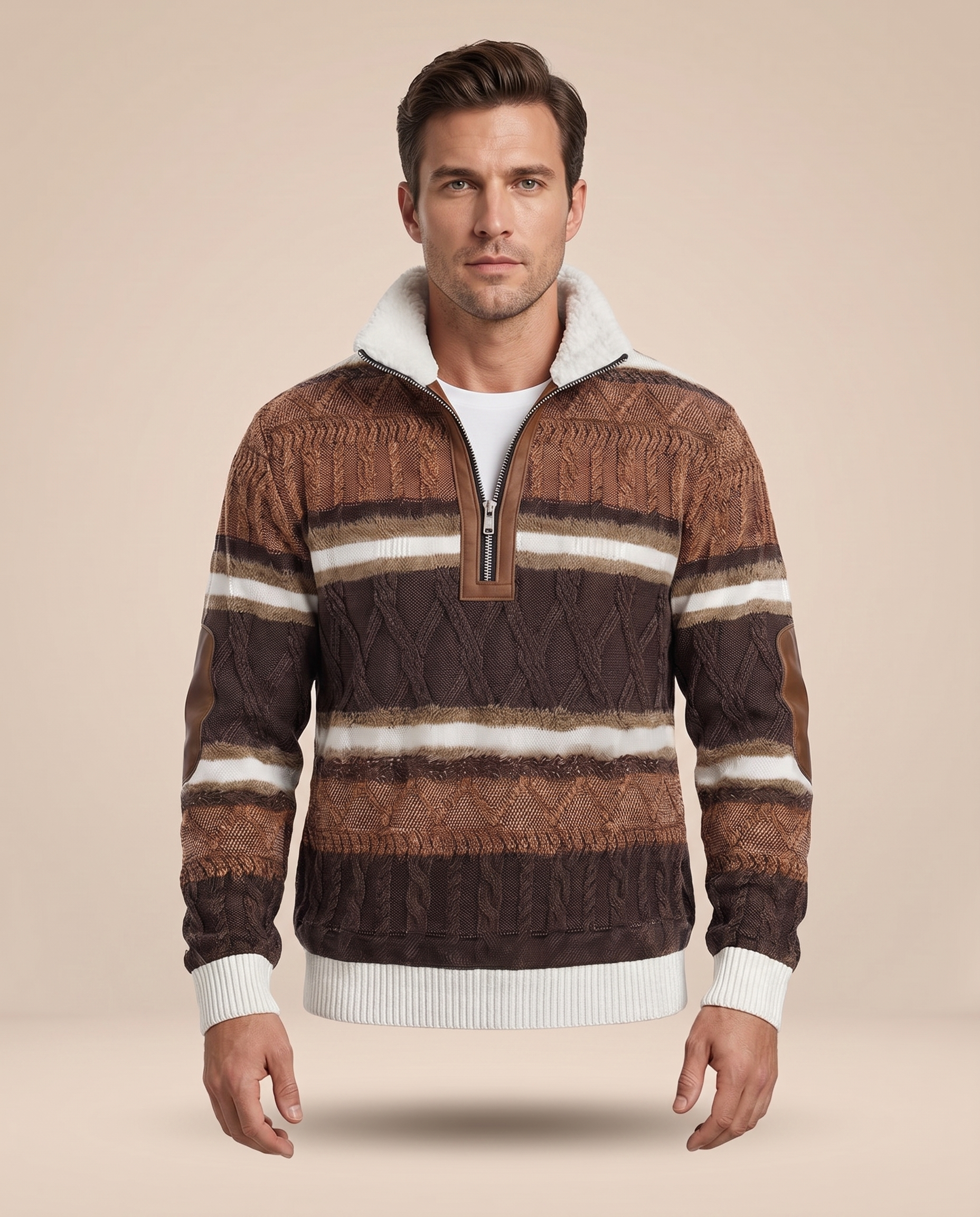 Herrenjacke com modelo masculino em fundo bege