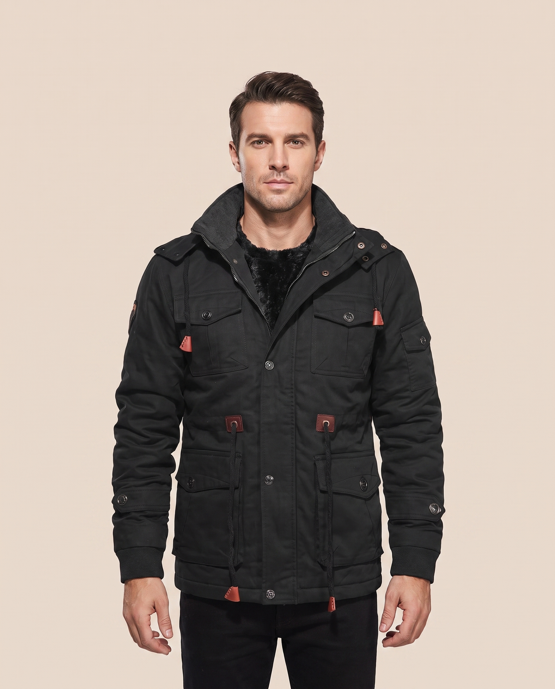 Herrenjacke com modelo masculino em fundo bege