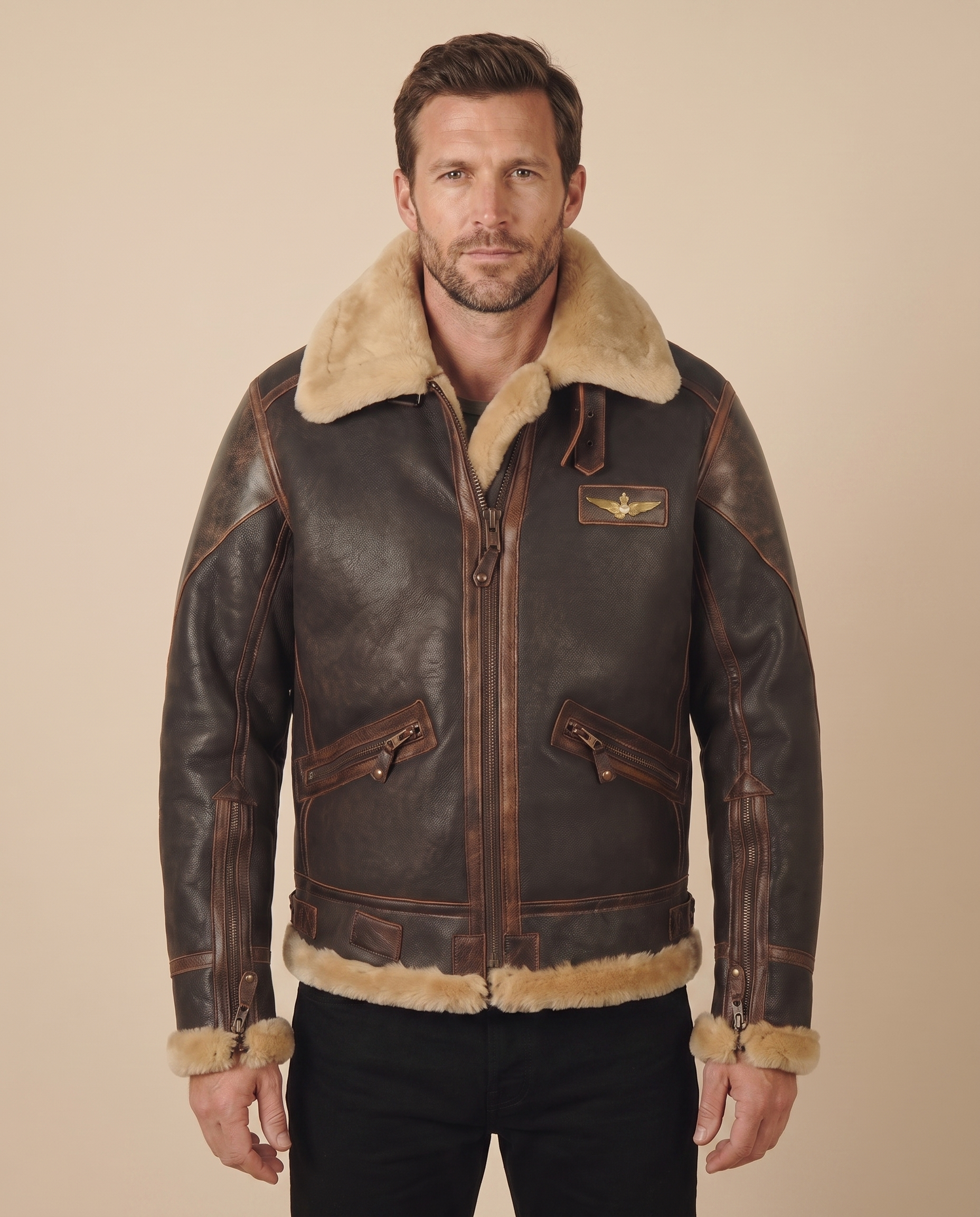 Herrenjacke com modelo masculino em fundo bege