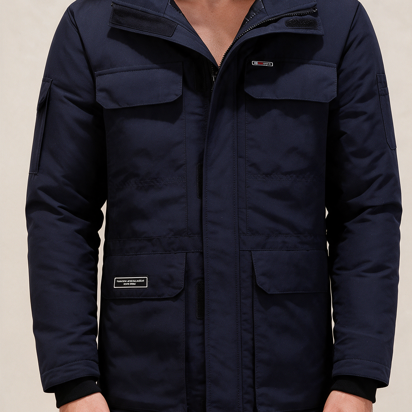 Elegante Herren-Winterjacke – Modelo masculino a usar o casaco em fundo bege