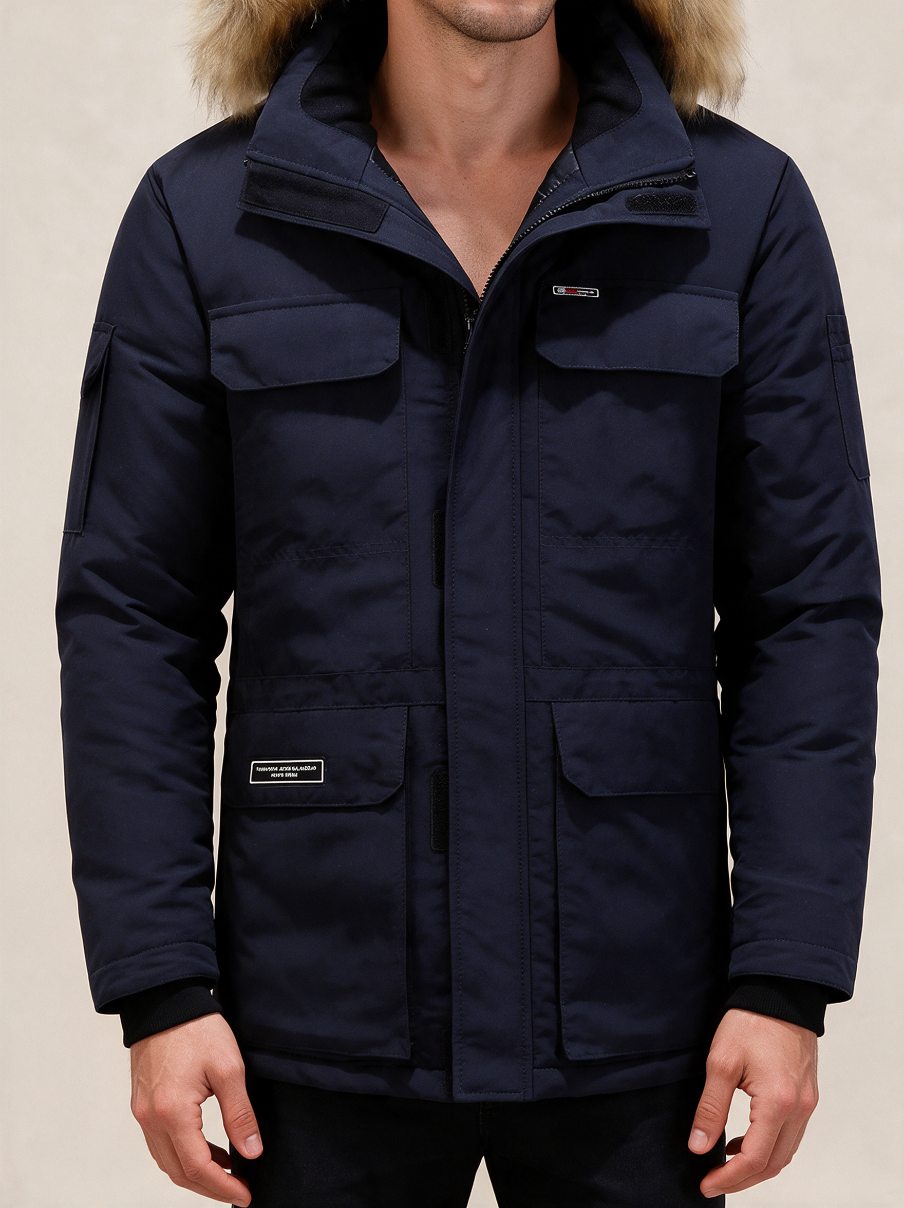 Elegante Herren-Winterjacke – Modelo masculino a usar o casaco em fundo bege