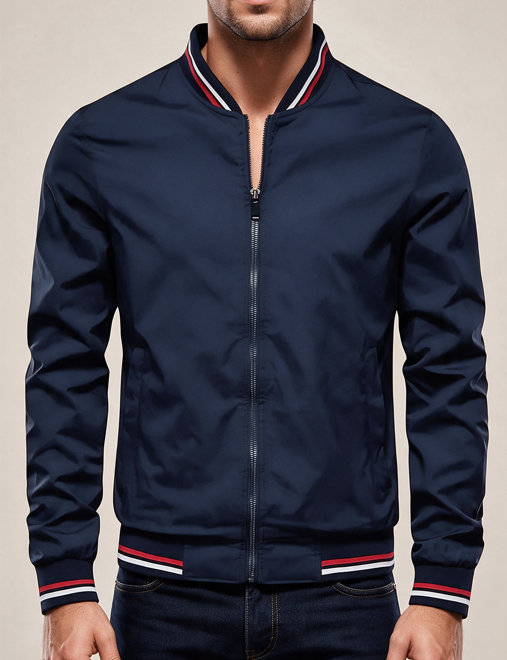 Elegante Herrenjacke – Modelo masculino a usar o casaco em fundo bege