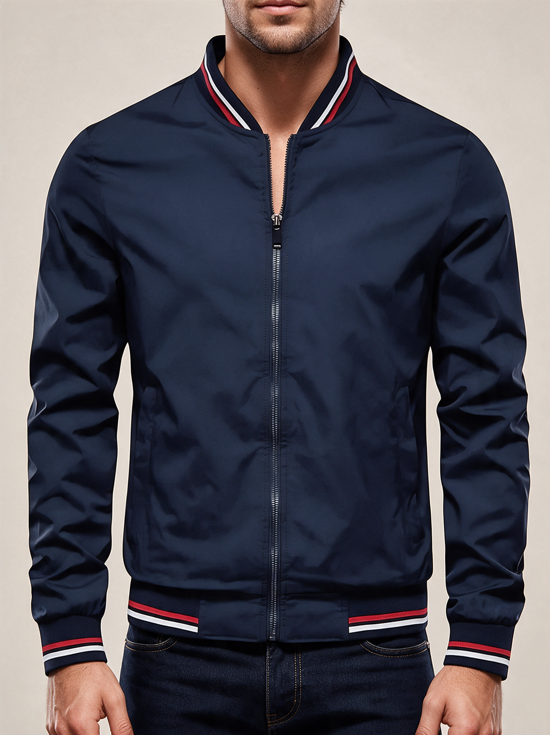 Elegante Herrenjacke – Modelo masculino a usar o casaco em fundo bege