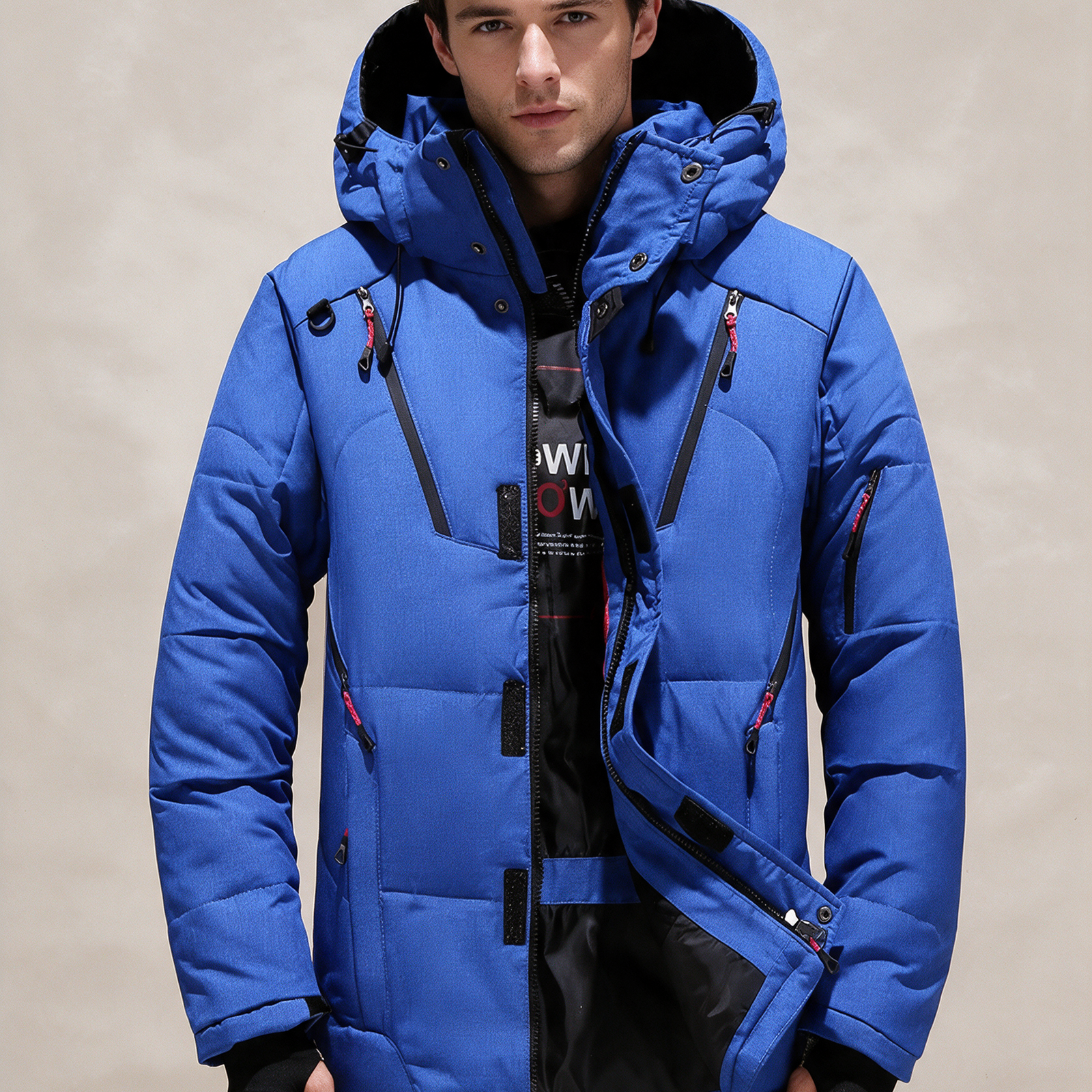 Elite Herren-Winterjacke – Modelo masculino a usar o casaco em fundo bege