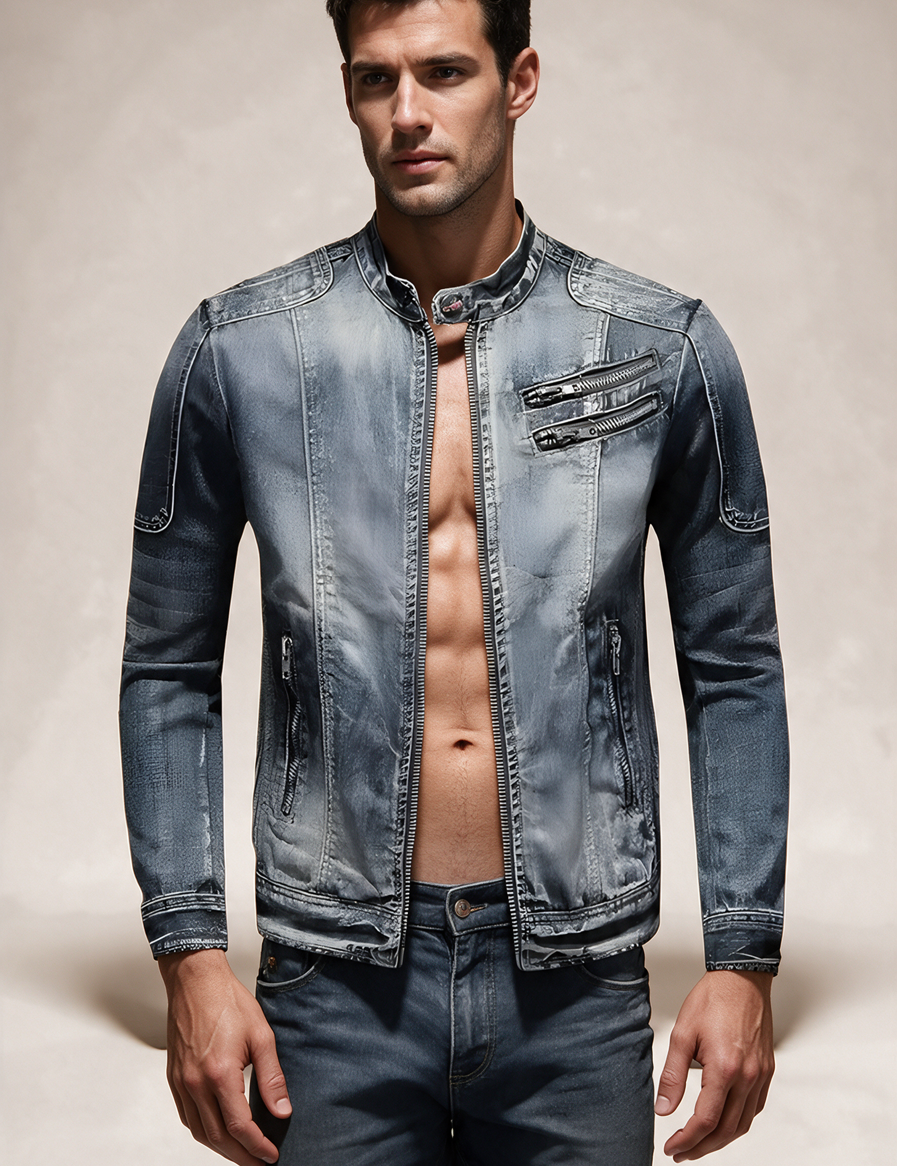 Emanuele Retrojacke – Modelo masculino a usar o casaco em fundo bege