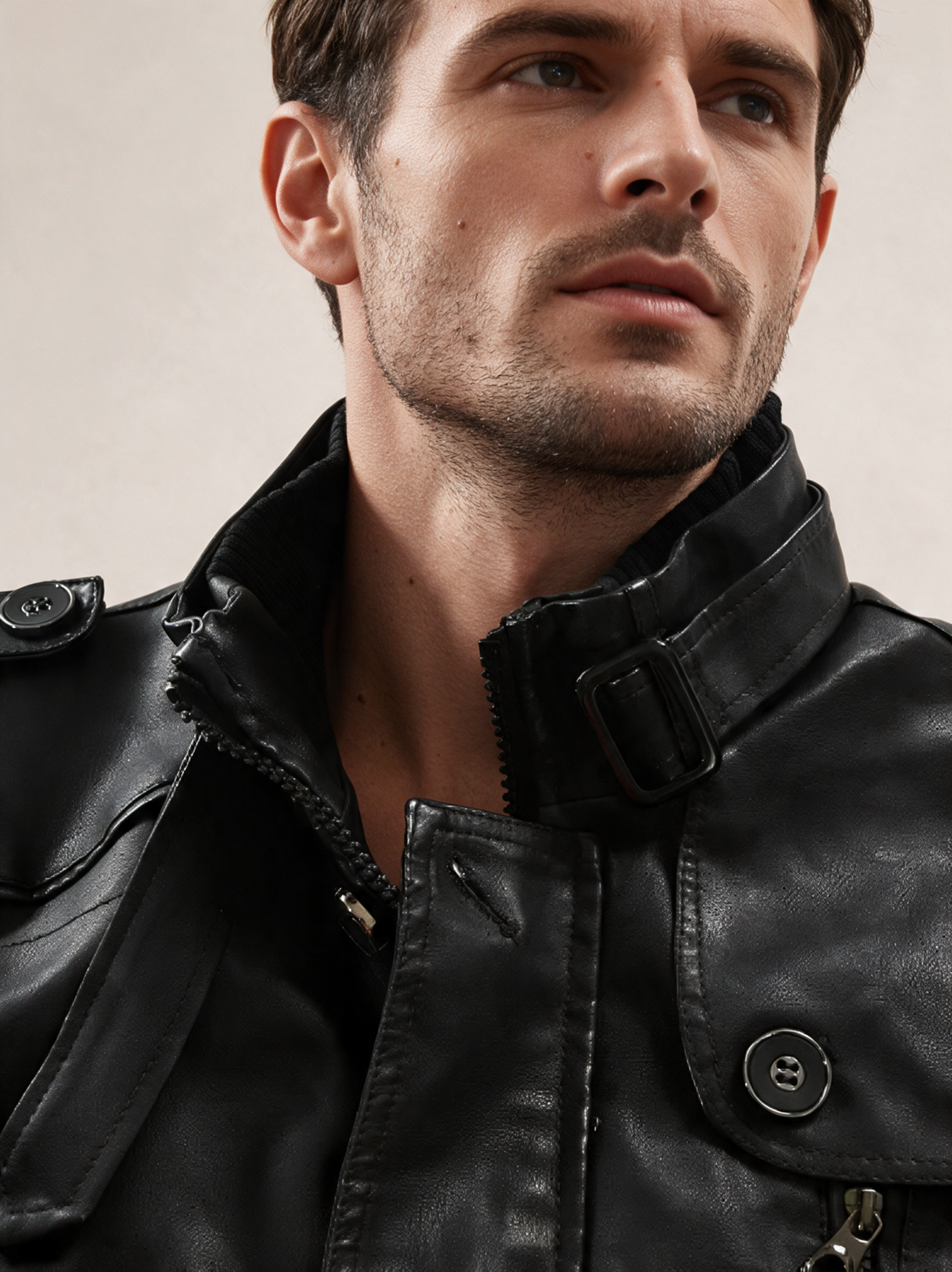 Elegante Leder-Bikerjacke – Modelo masculino a usar o casaco em fundo bege