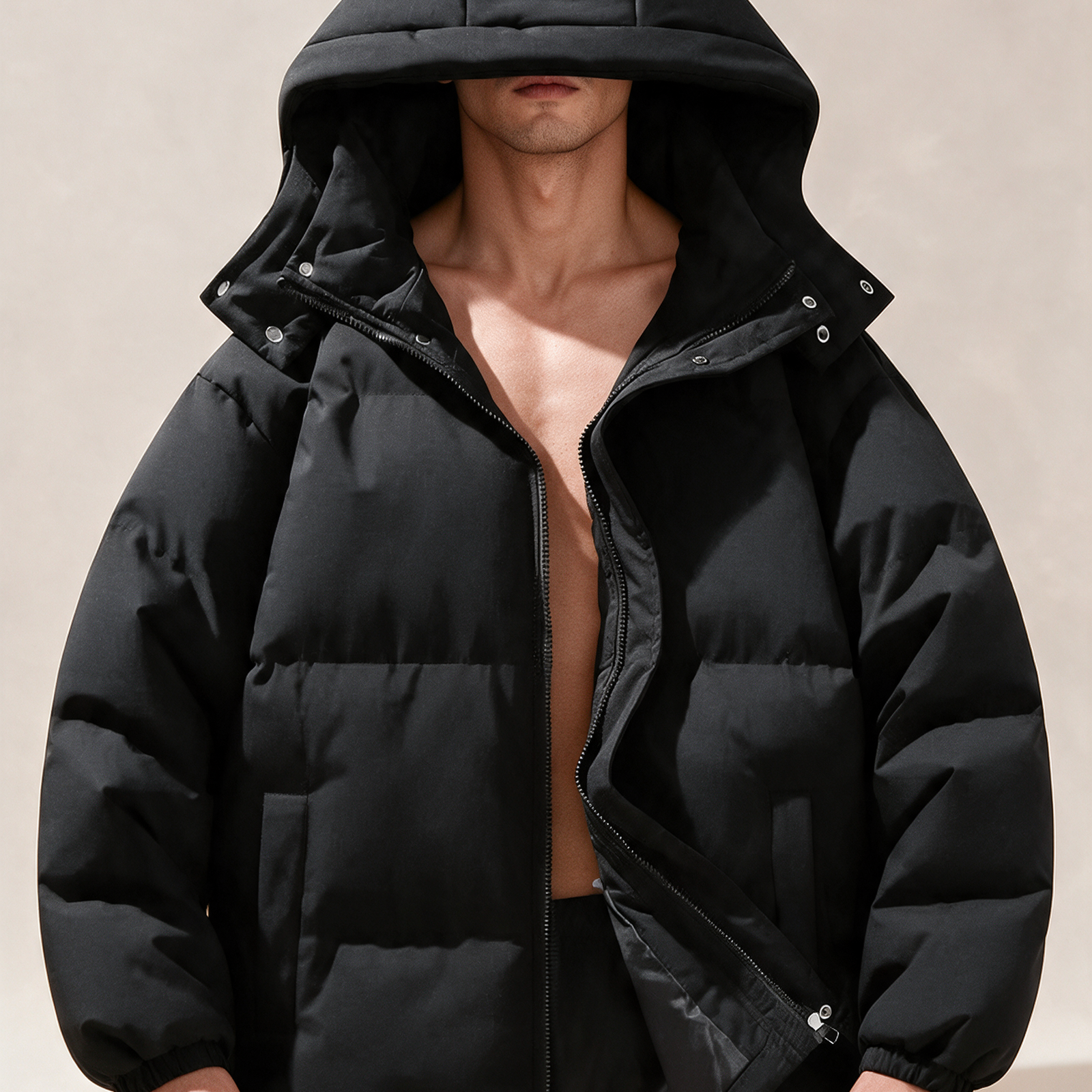 Elegante Kapuzenjacke – Modelo masculino a usar o casaco em fundo bege