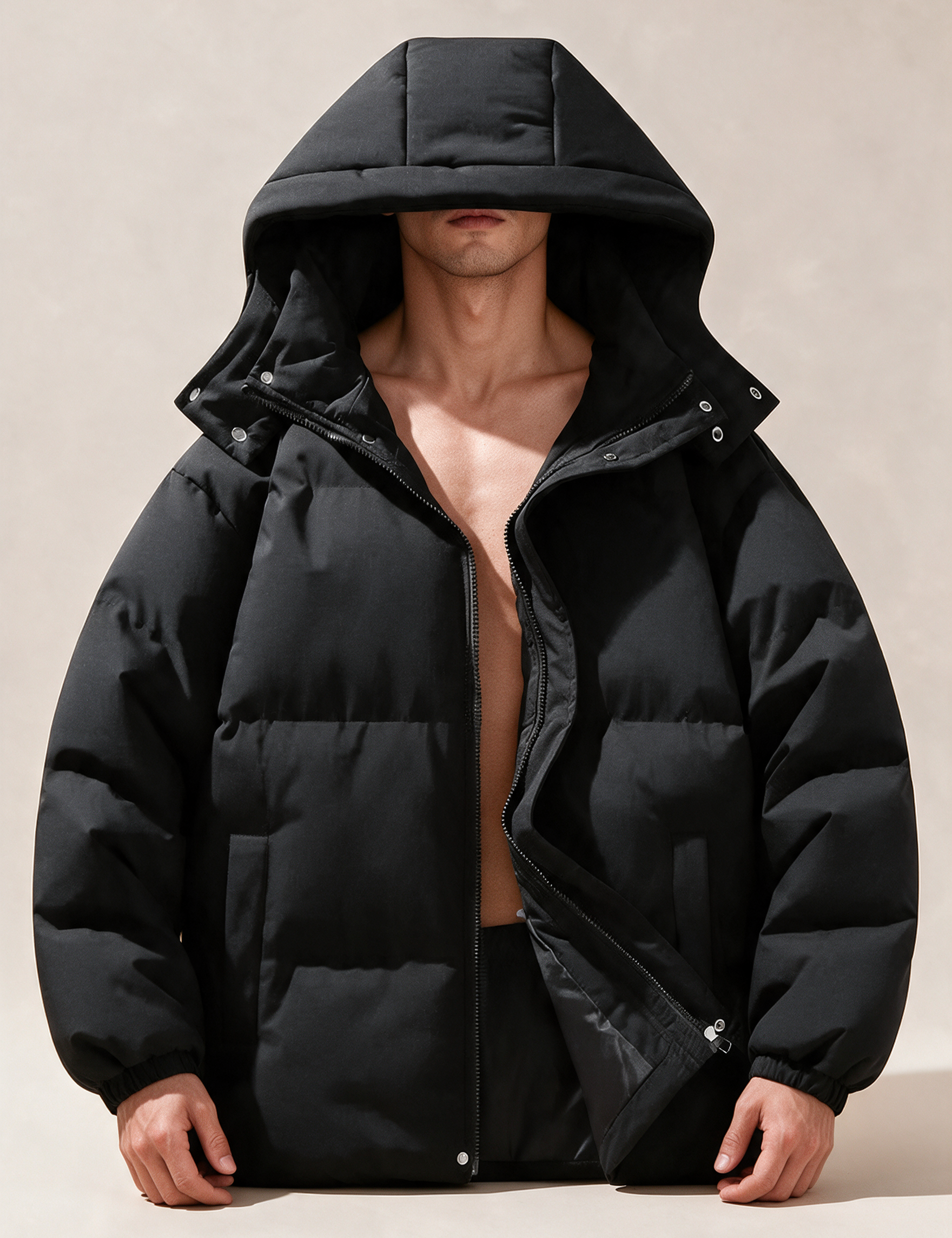 Elegante Kapuzenjacke – Modelo masculino a usar o casaco em fundo bege
