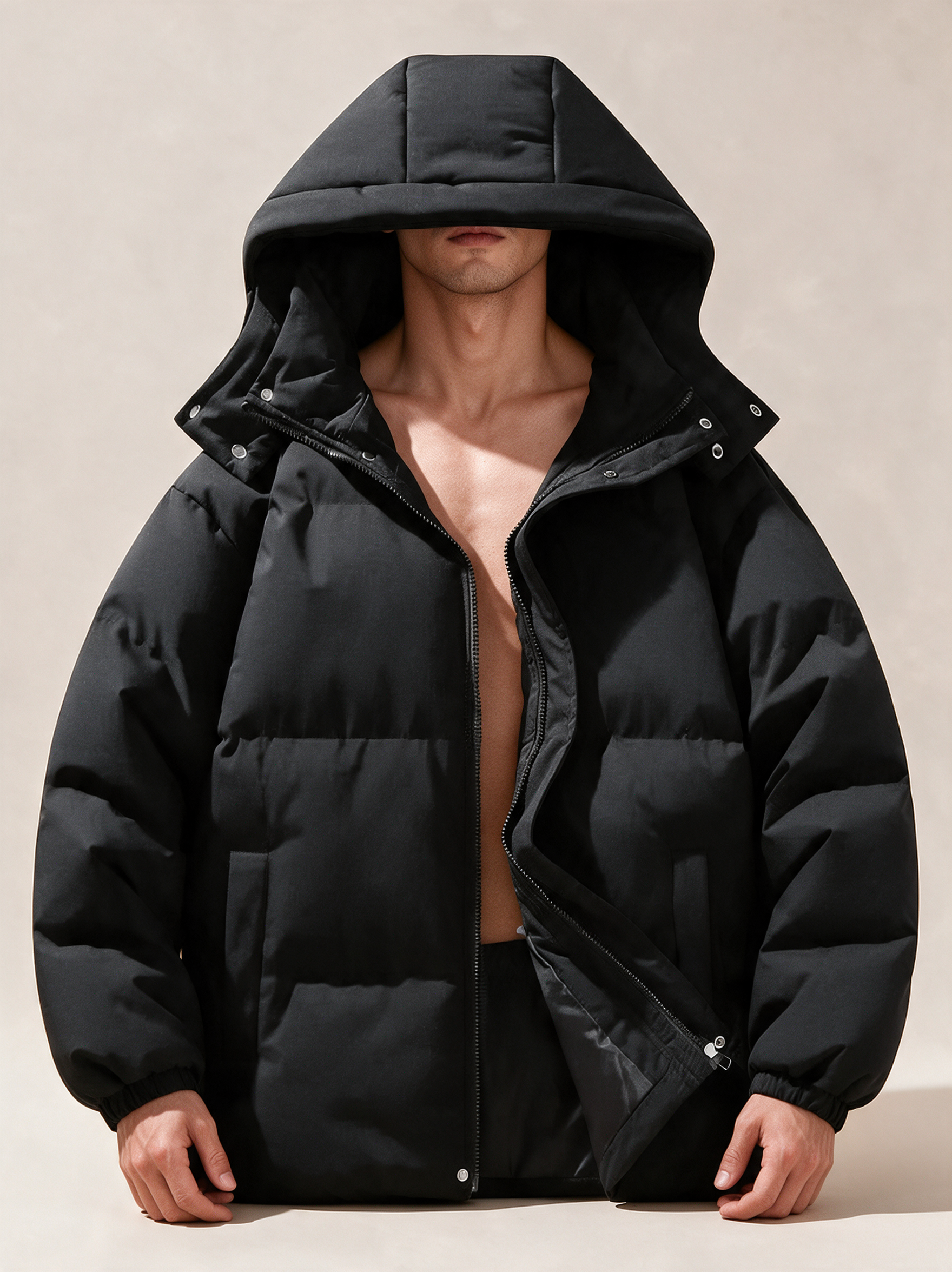 Elegante Kapuzenjacke – Modelo masculino a usar o casaco em fundo bege