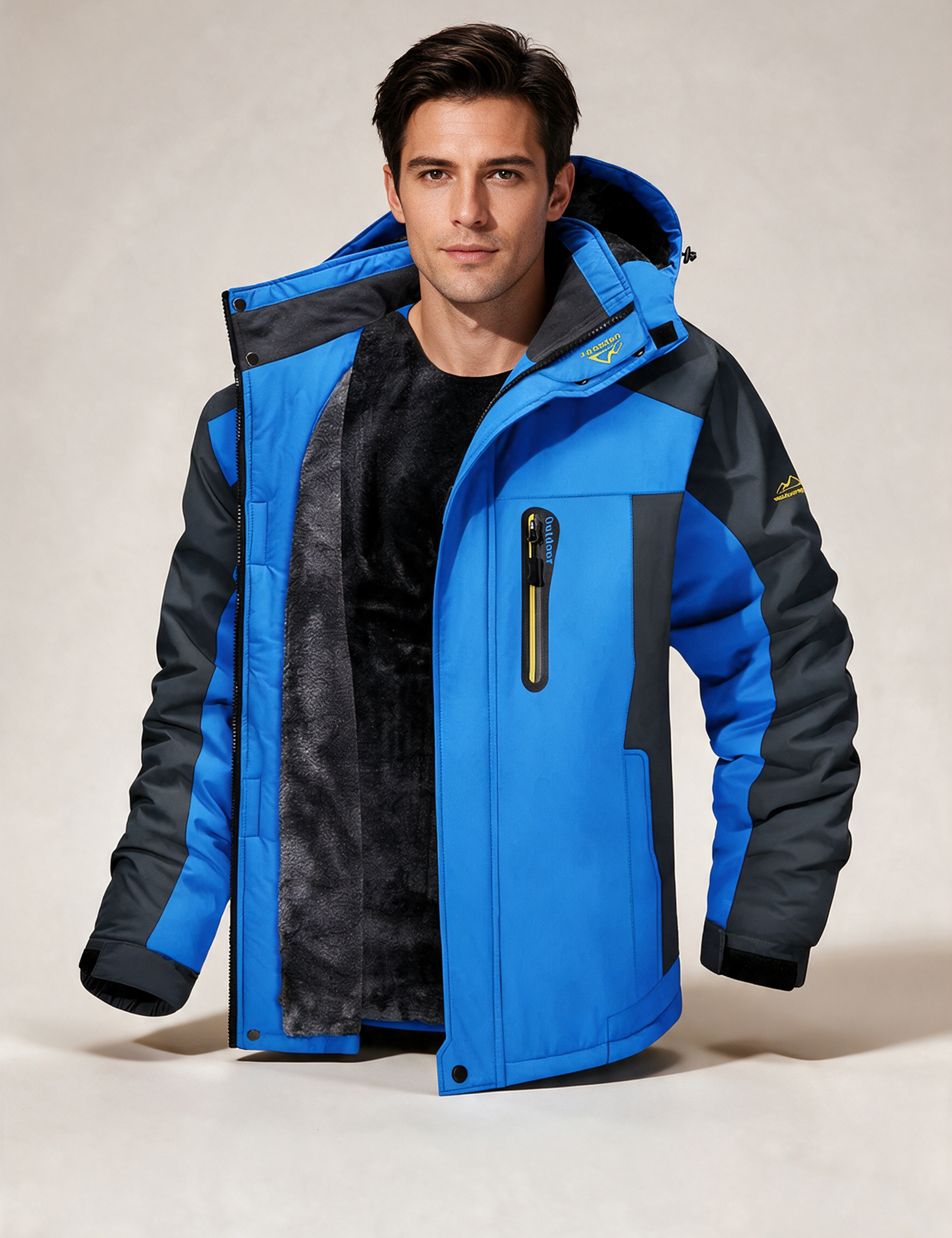 Ettore Wetterjacke – Modelo masculino a usar o casaco em fundo bege