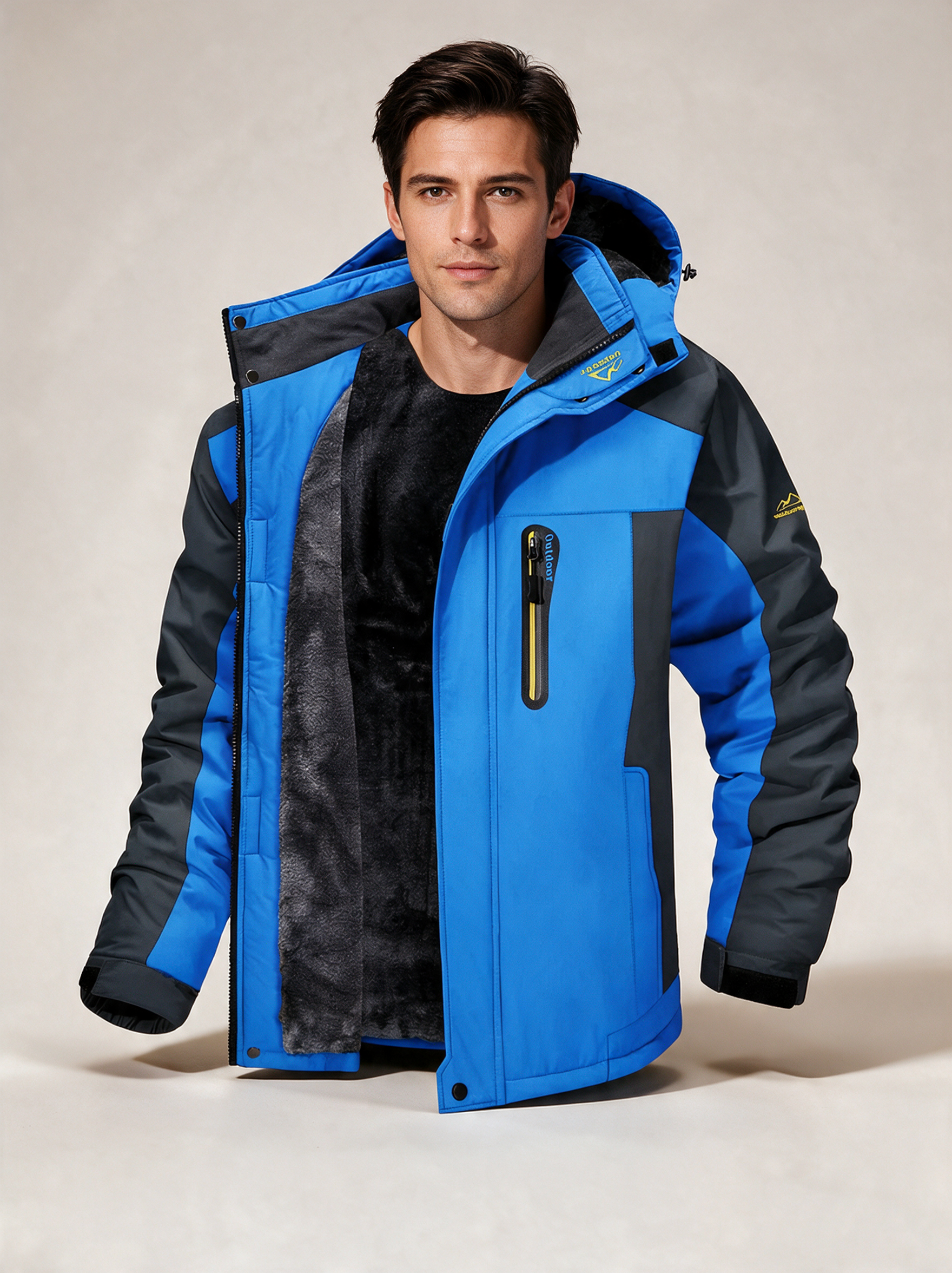 Ettore Wetterjacke – Modelo masculino a usar o casaco em fundo bege