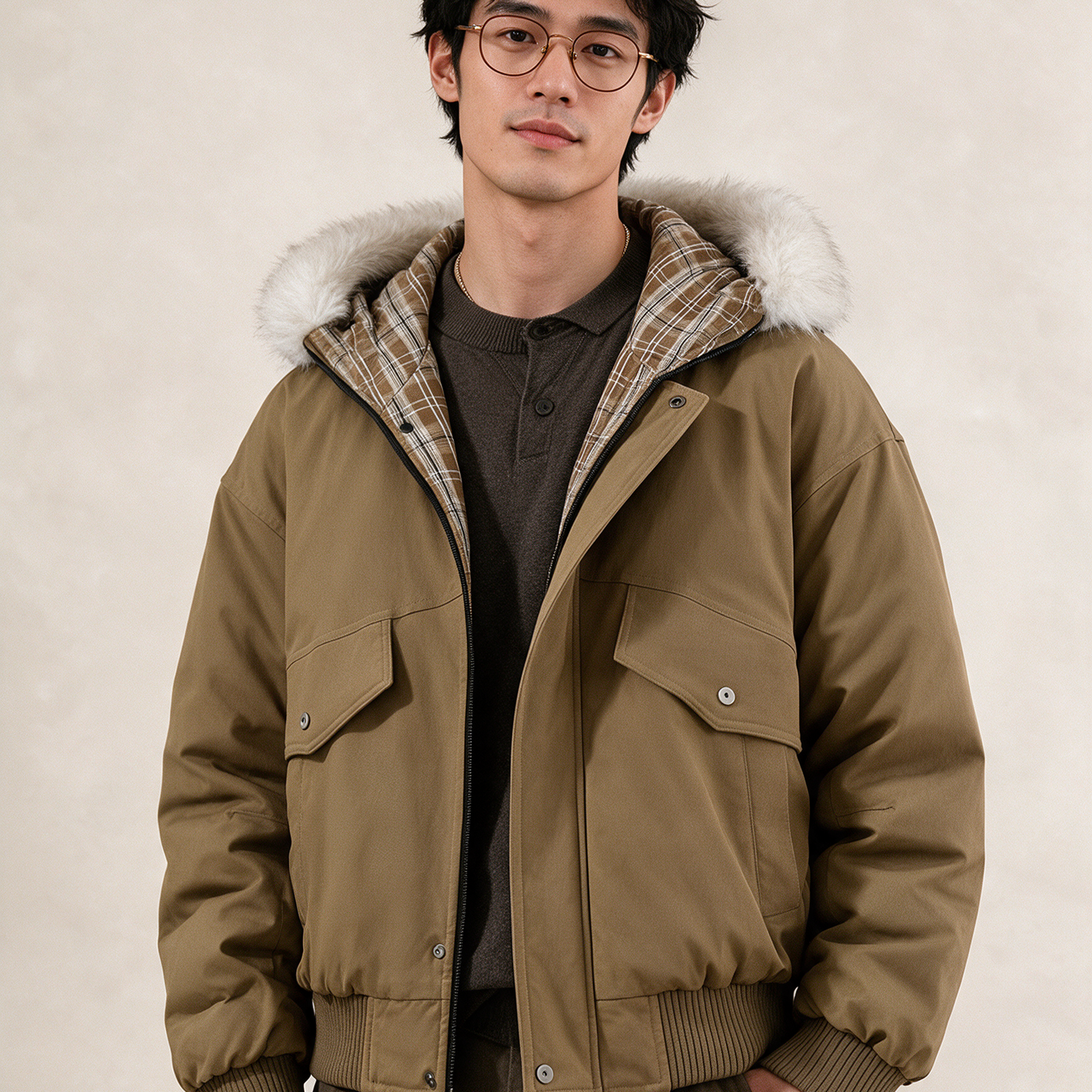 Modelo masculino a usar o casaco em fundo bege