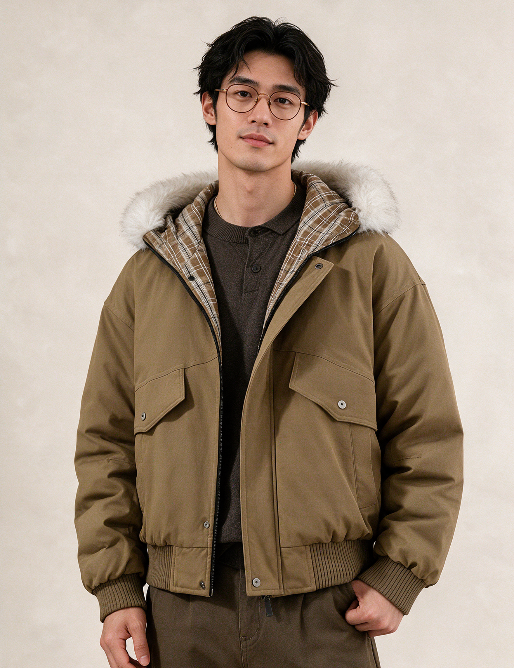 Modelo masculino a usar o casaco em fundo bege
