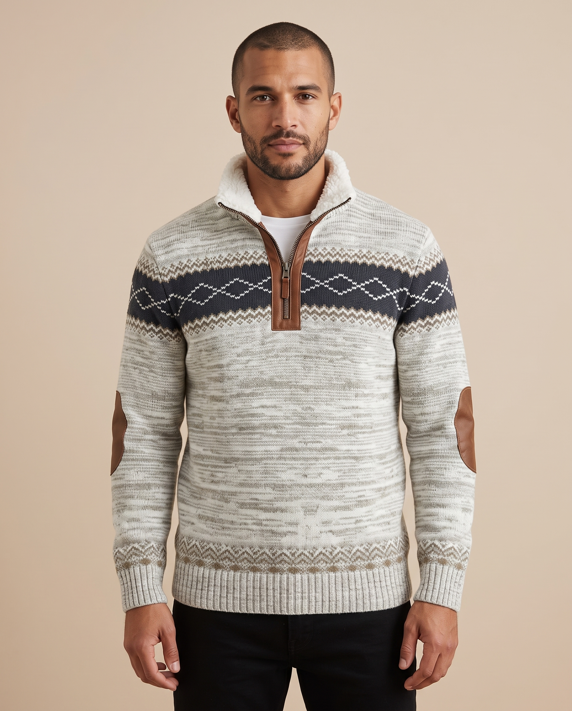 Malha masculina – modelo masculino em fundo bege
