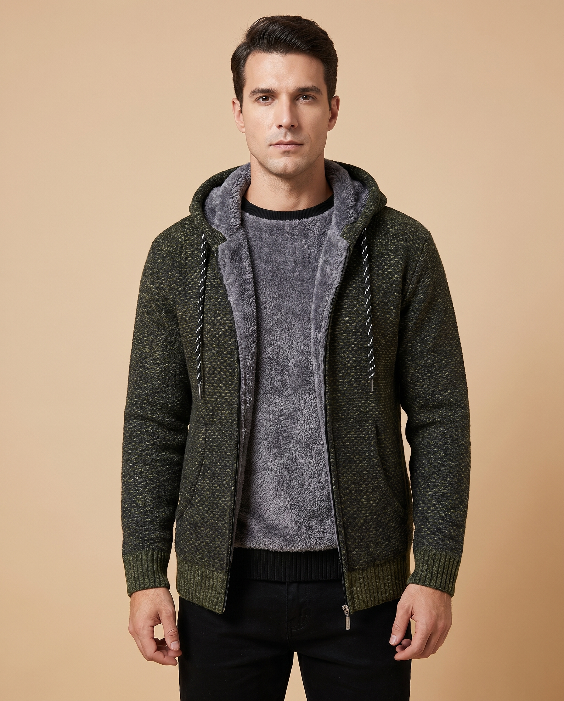Malha masculina – modelo masculino em fundo bege