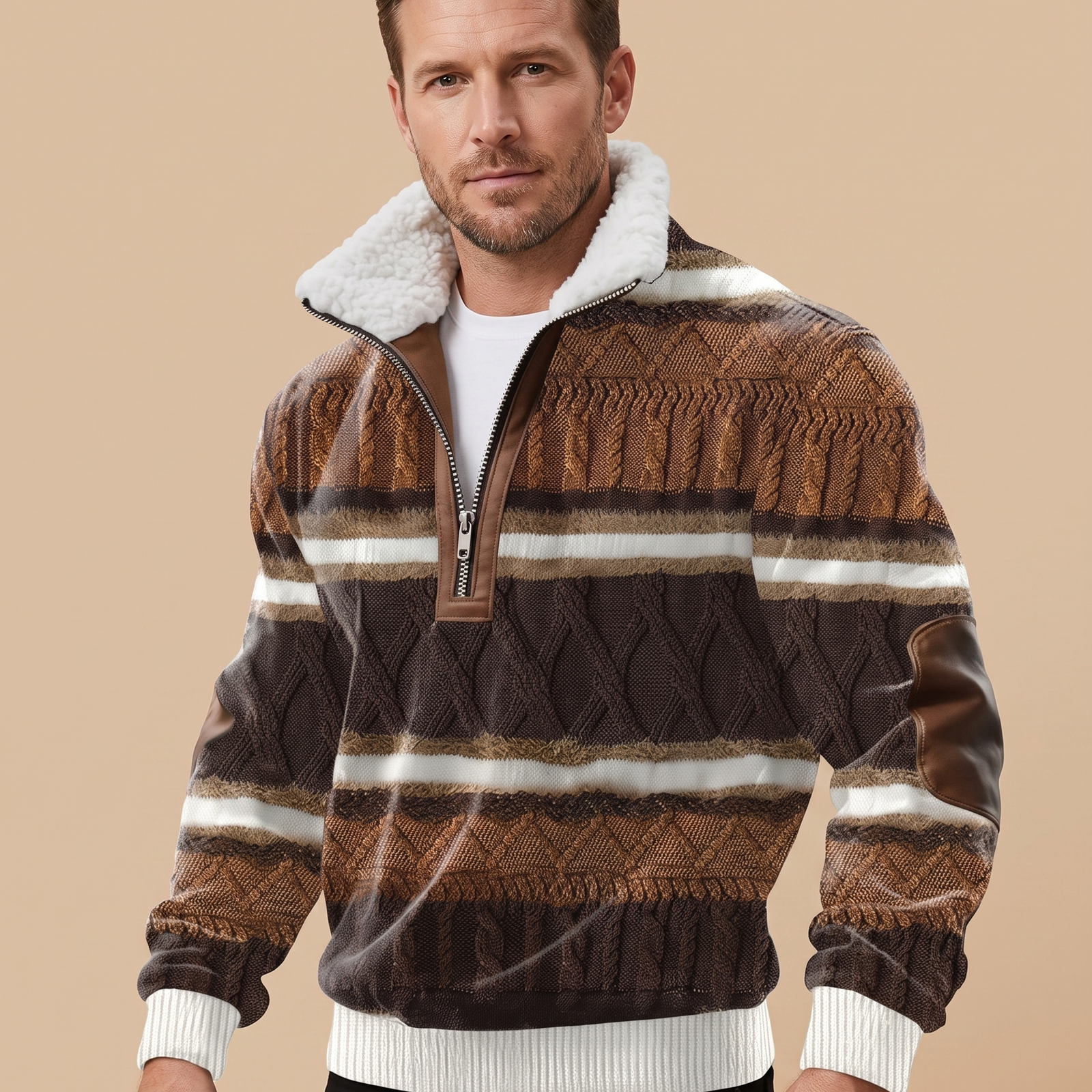 Malha masculina – modelo masculino em fundo bege
