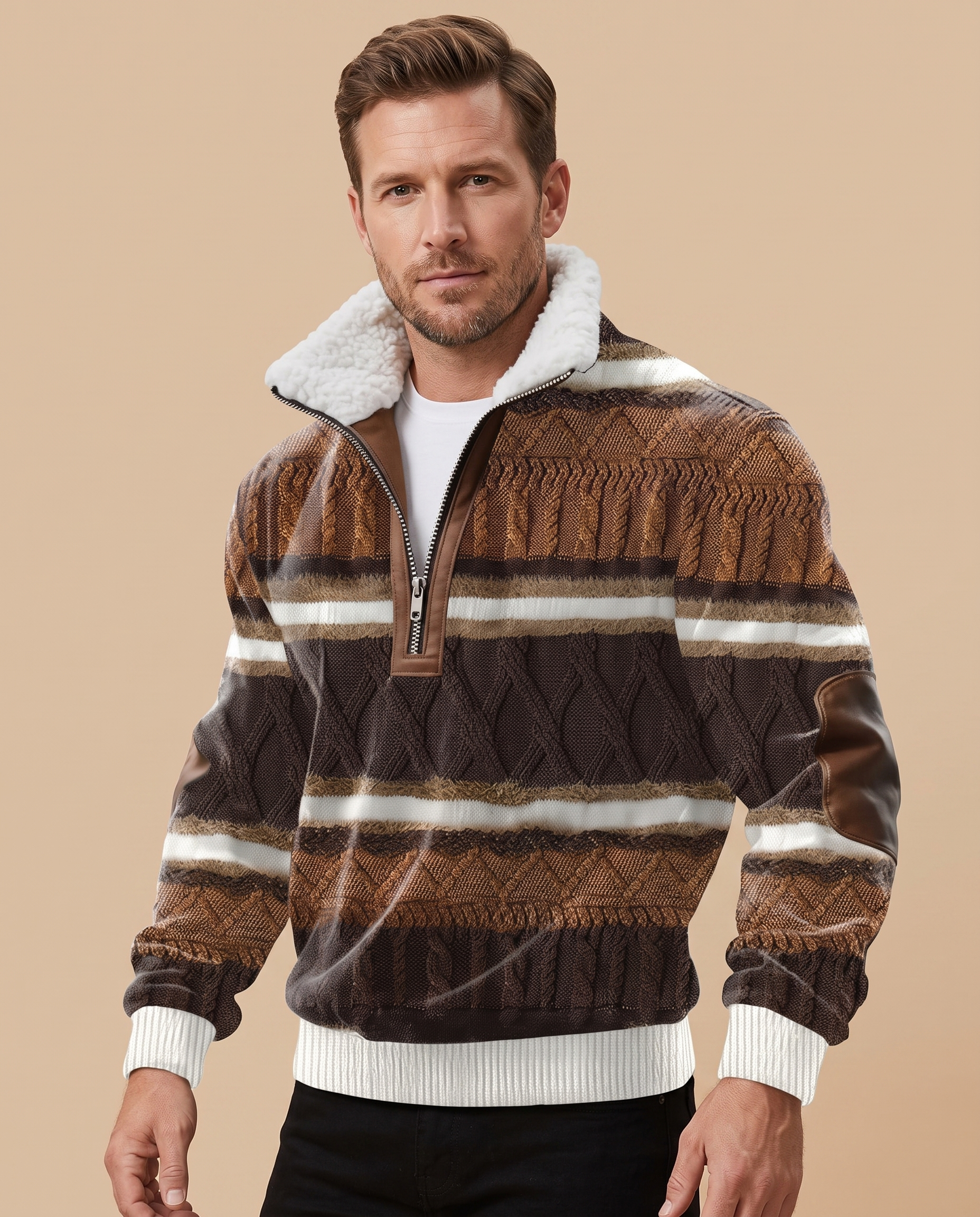 Malha masculina – modelo masculino em fundo bege