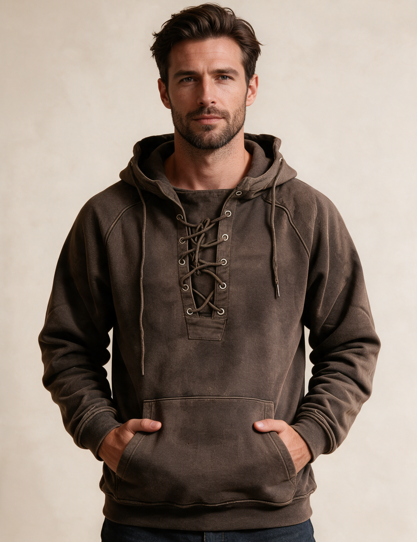 Modelo masculino a usar a peça de malha em fundo bege