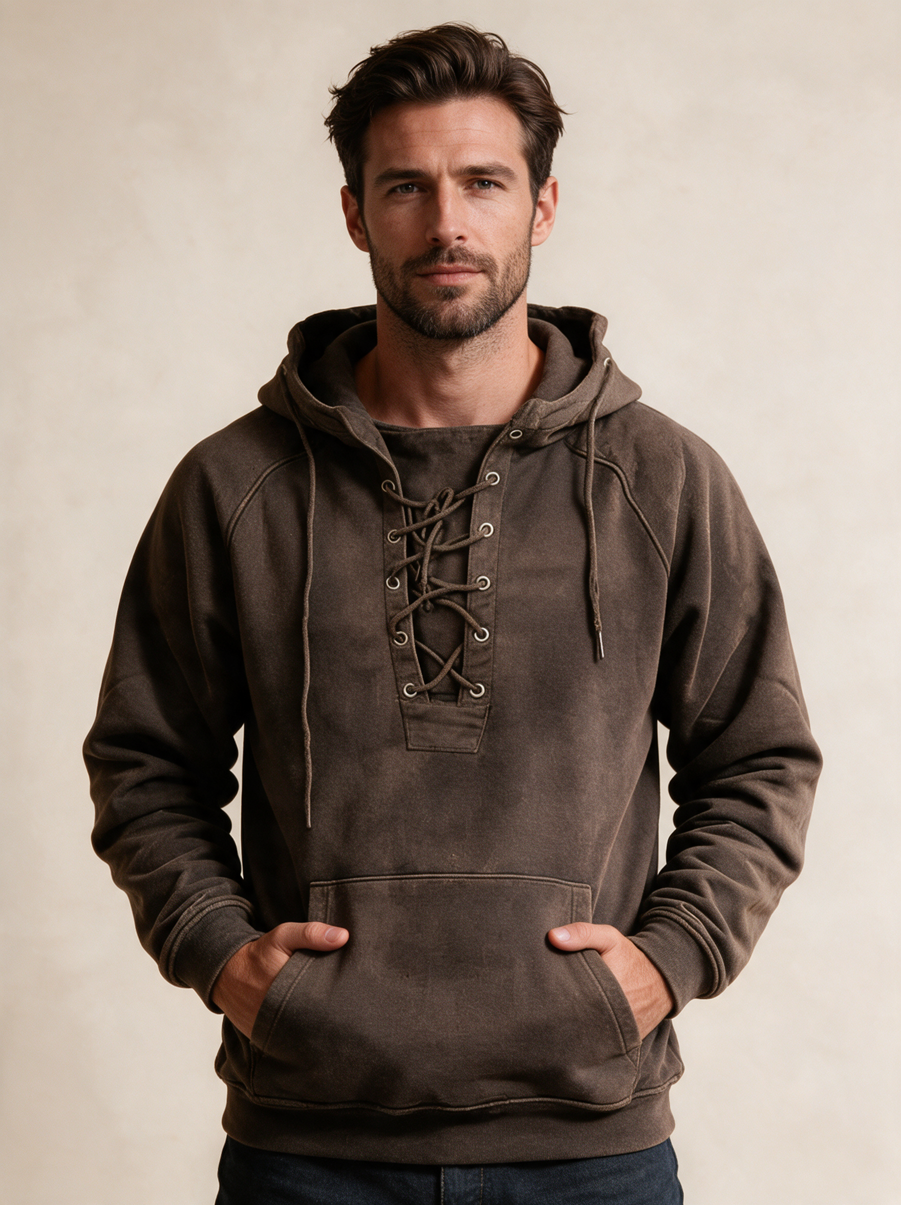 Modelo masculino a usar a peça de malha em fundo bege