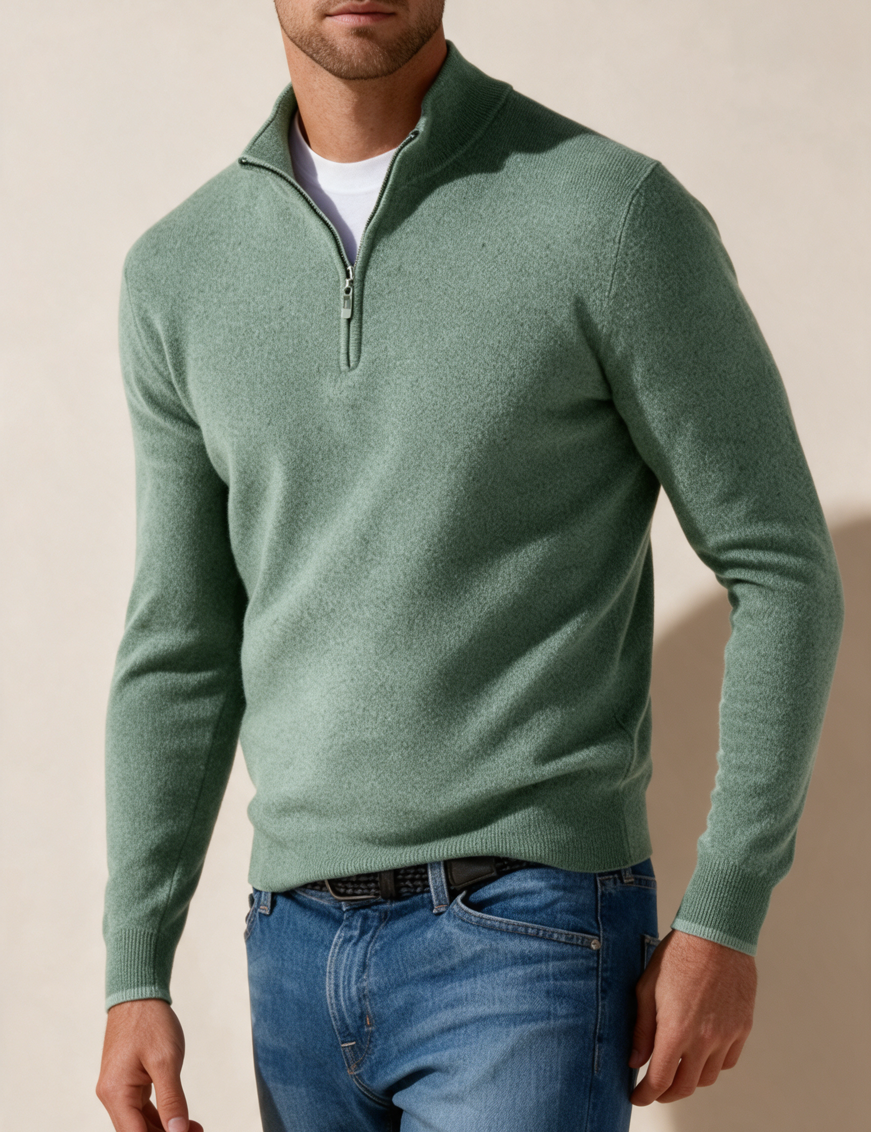 Modelo masculino a usar a peça de malha em fundo bege