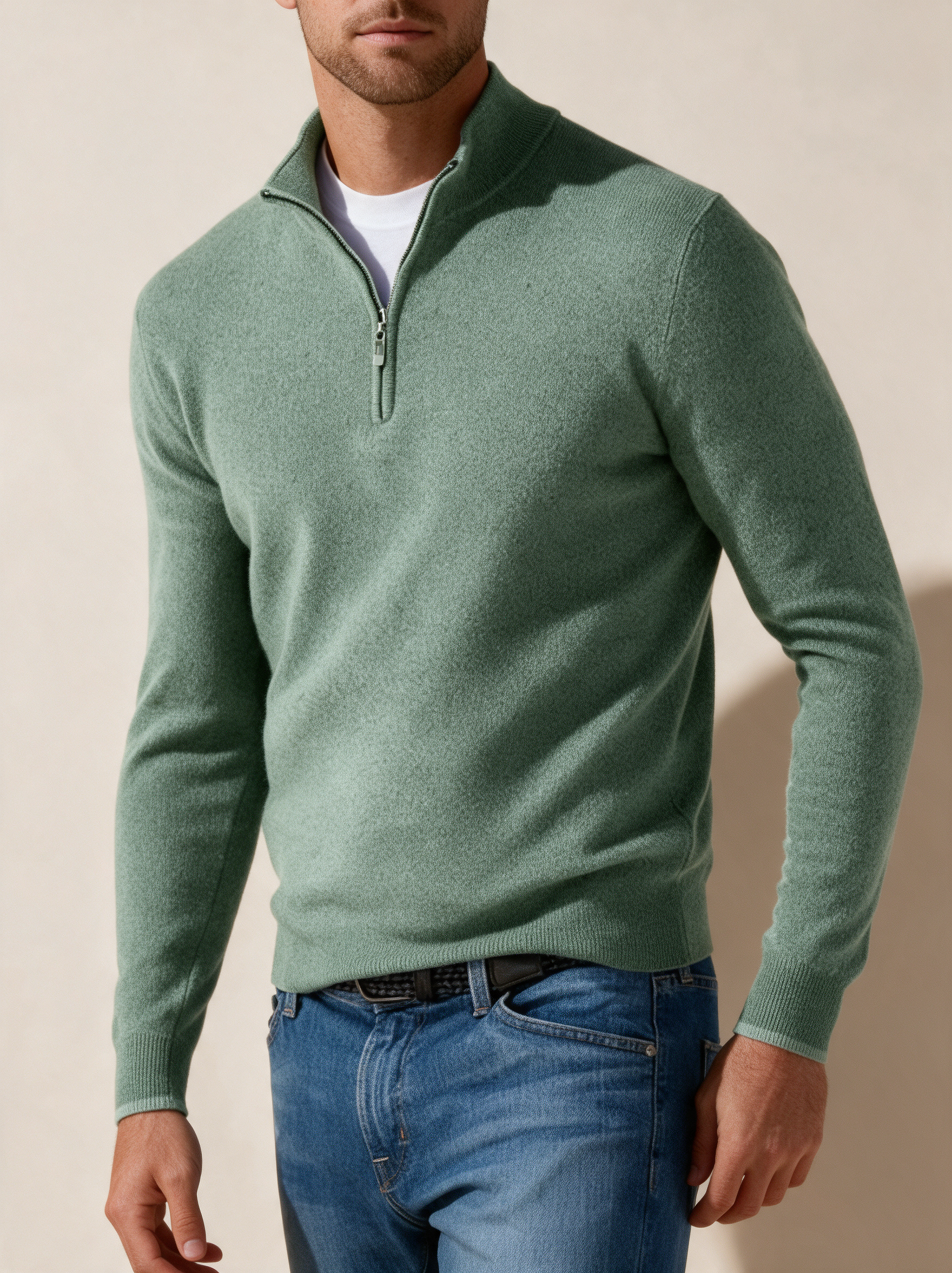 Modelo masculino a usar a peça de malha em fundo bege