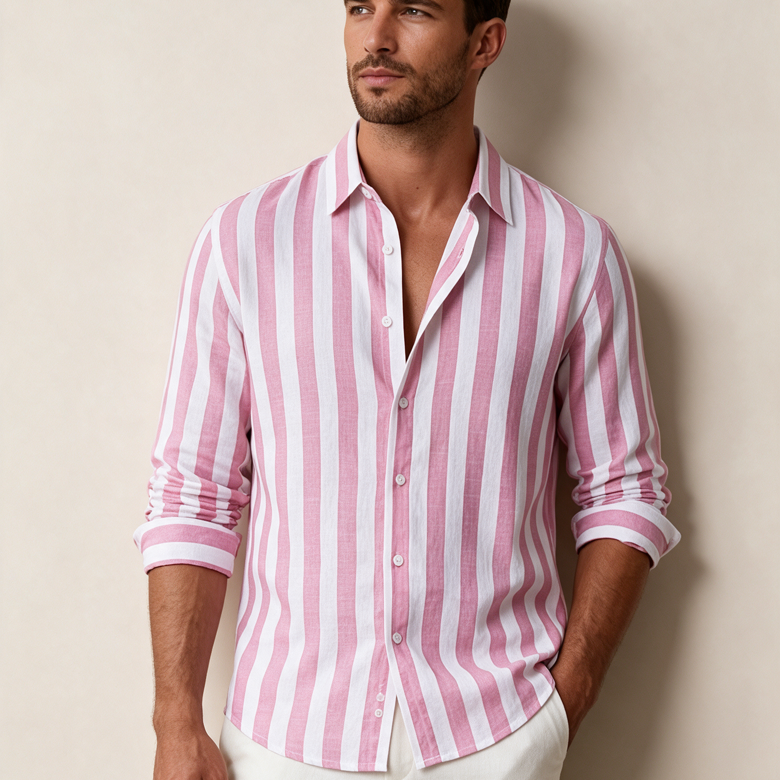 Modelo masculino a usar a camisa em fundo bege