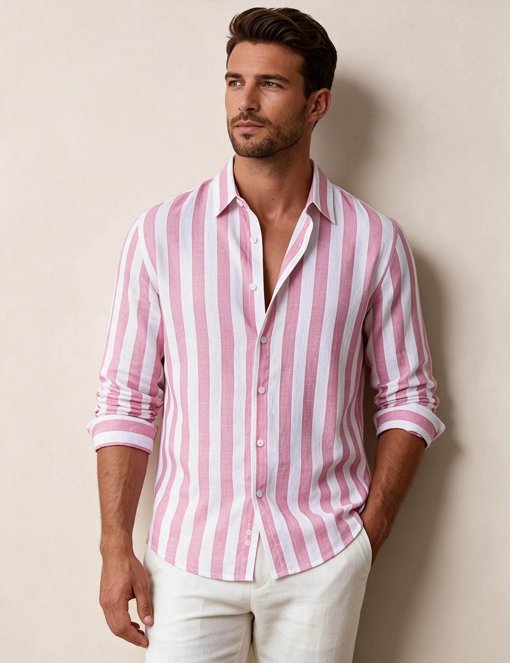 Modelo masculino a usar a camisa em fundo bege