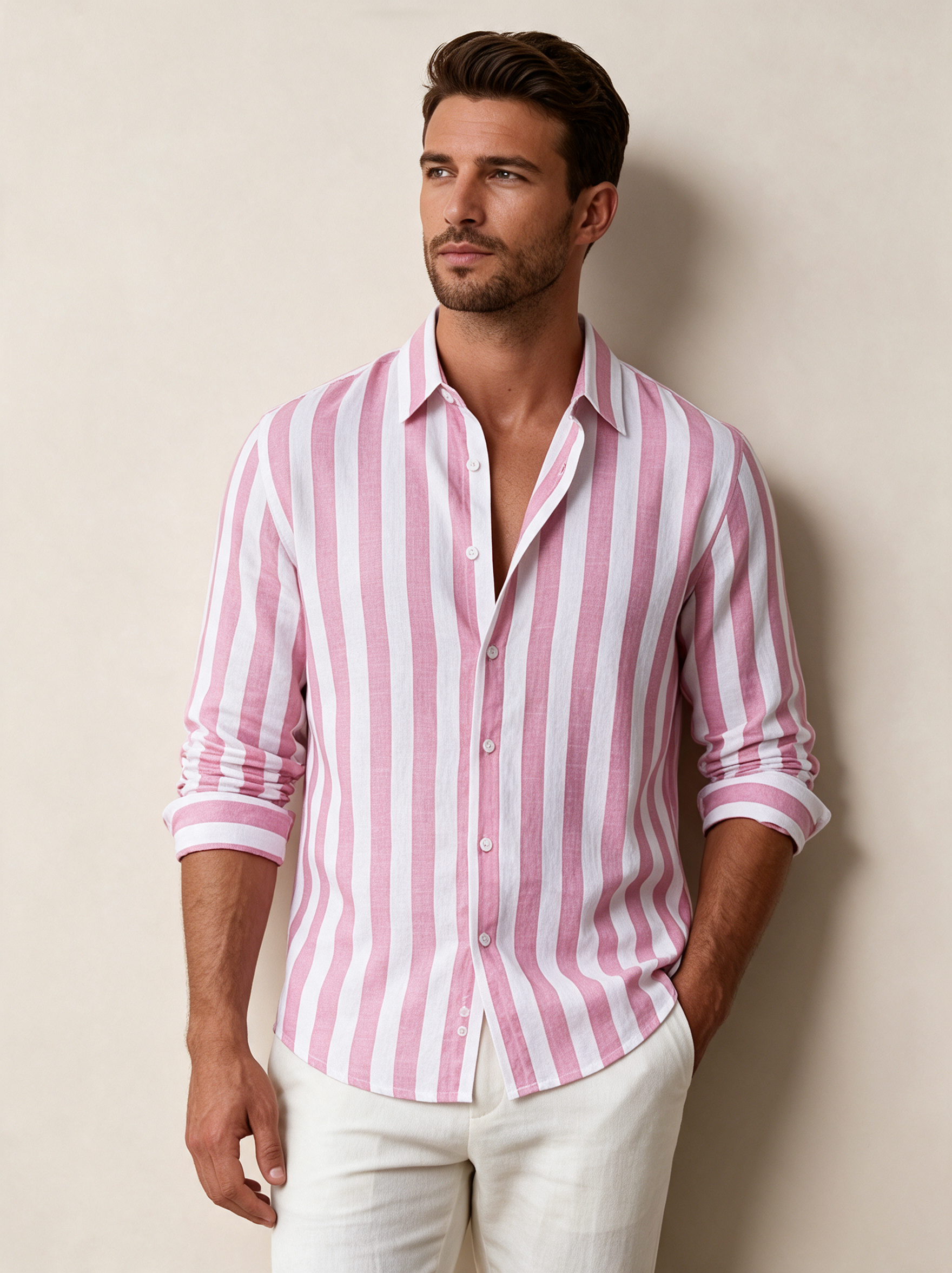 Modelo masculino a usar a camisa em fundo bege