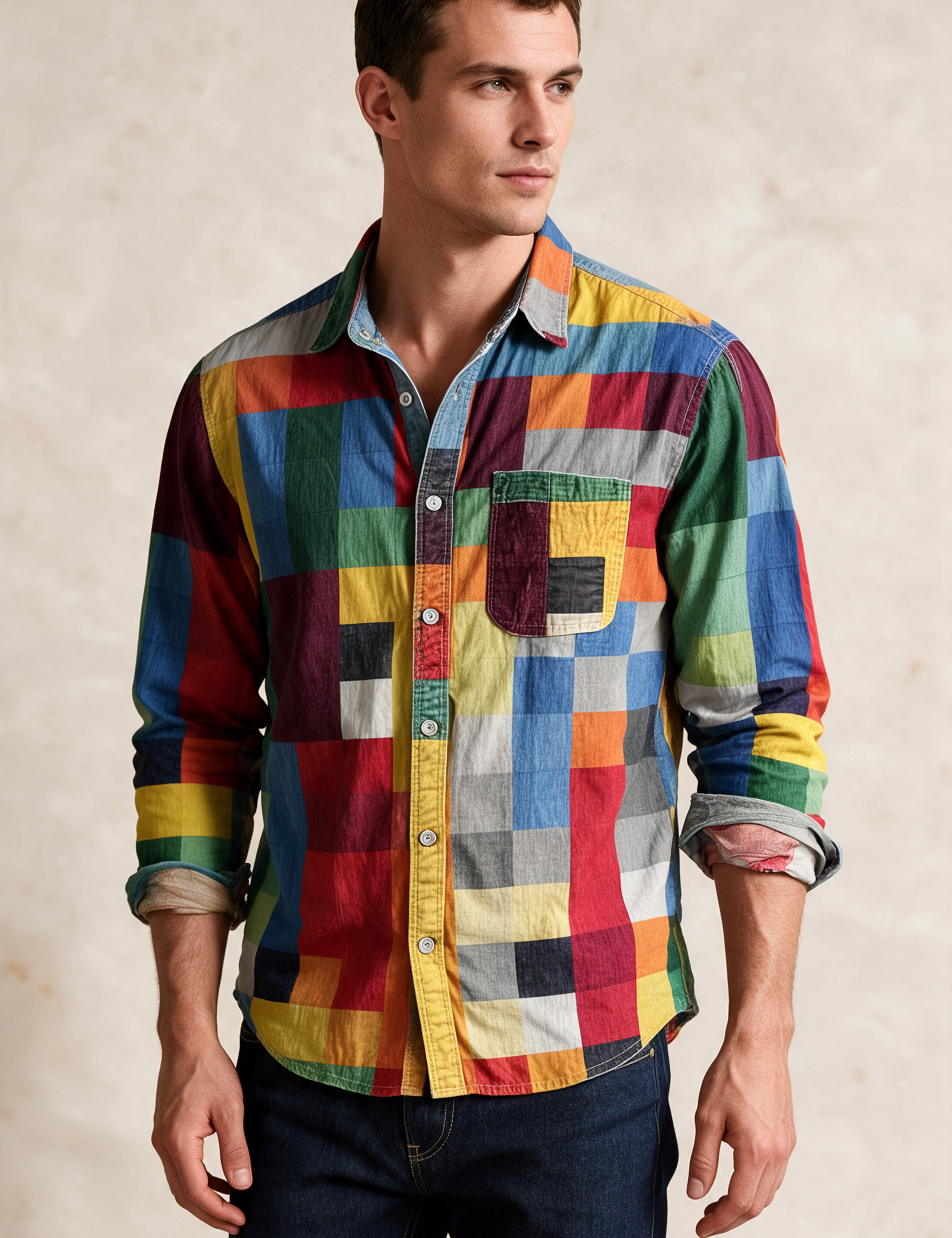 Modelo masculino a usar a camisa em fundo bege