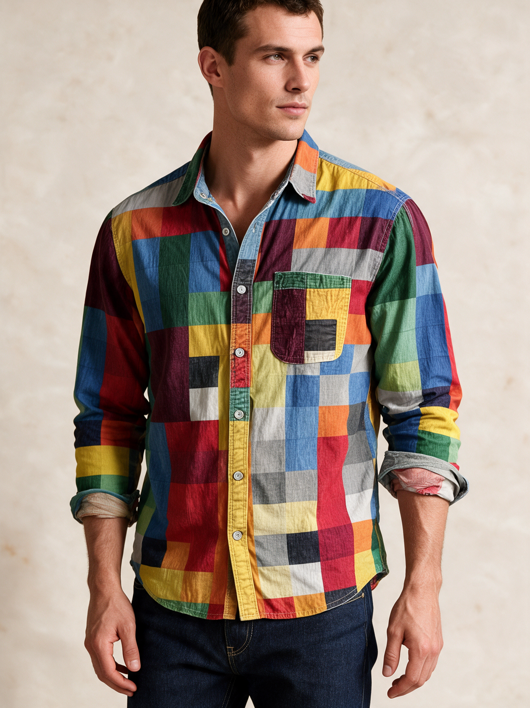 Modelo masculino a usar a camisa em fundo bege