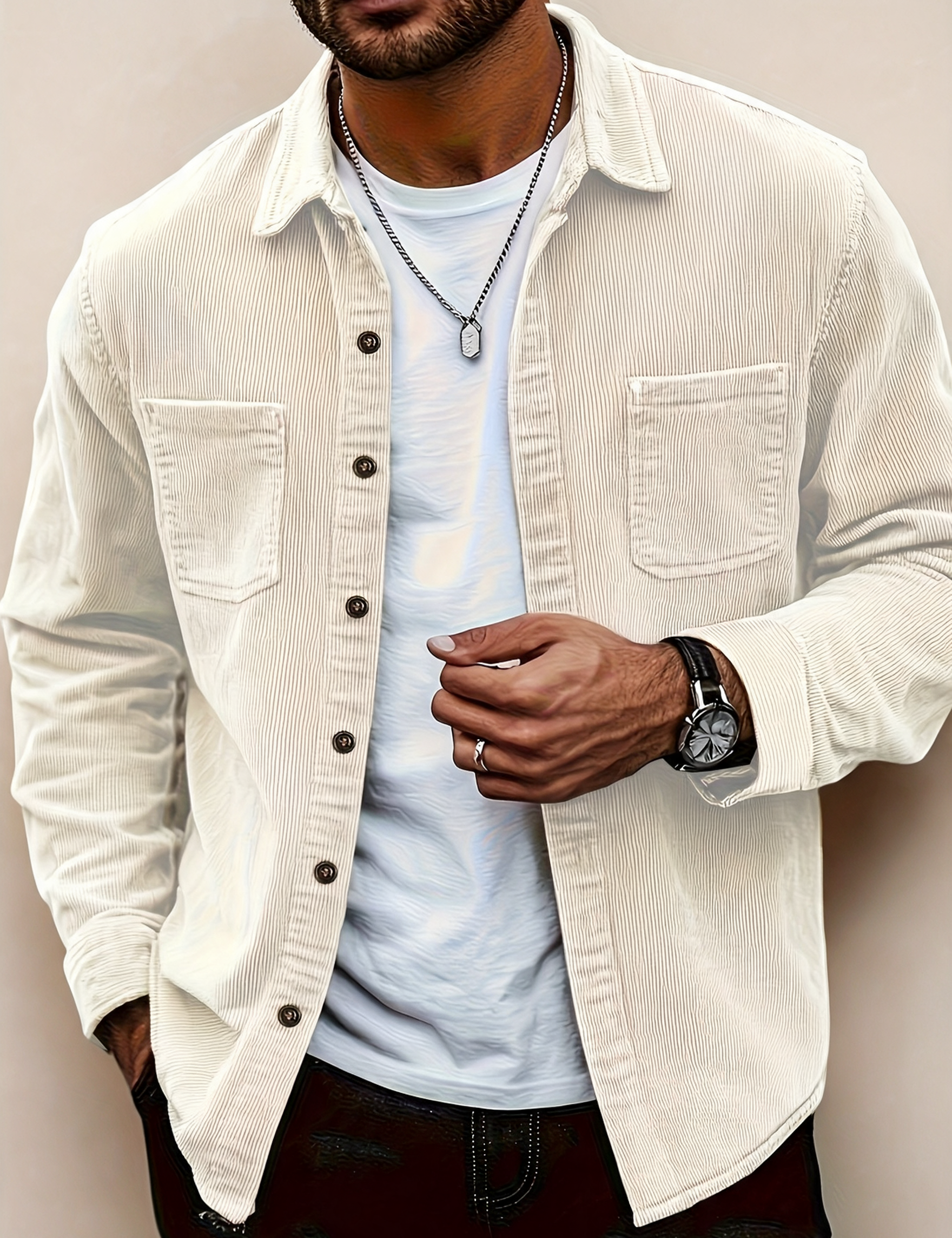 Modelo masculino a usar a camisa em fundo bege