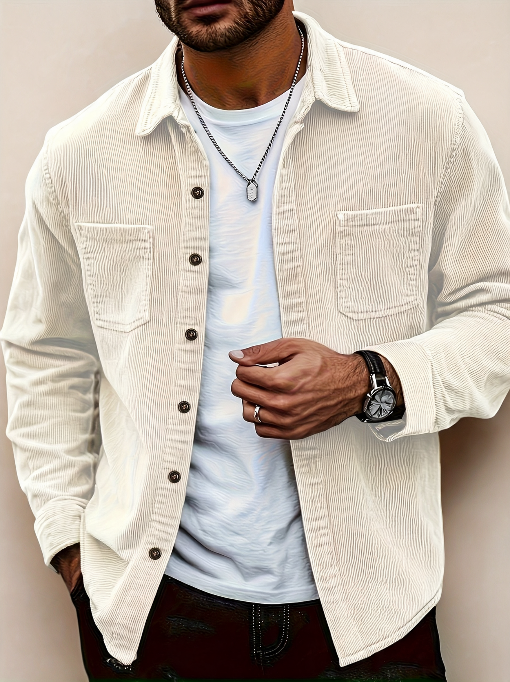 Modelo masculino a usar a camisa em fundo bege