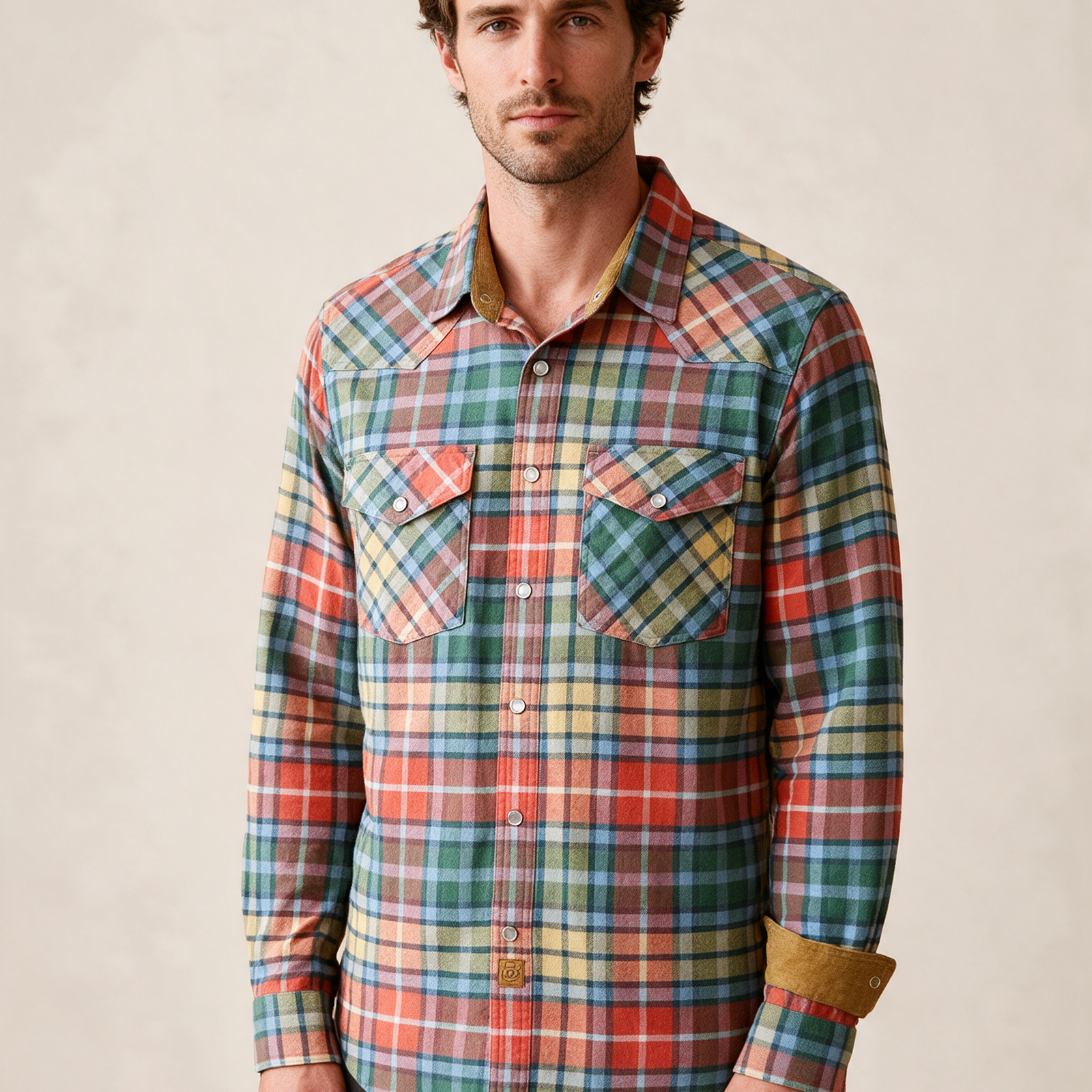 Modelo masculino a usar a camisa em fundo bege