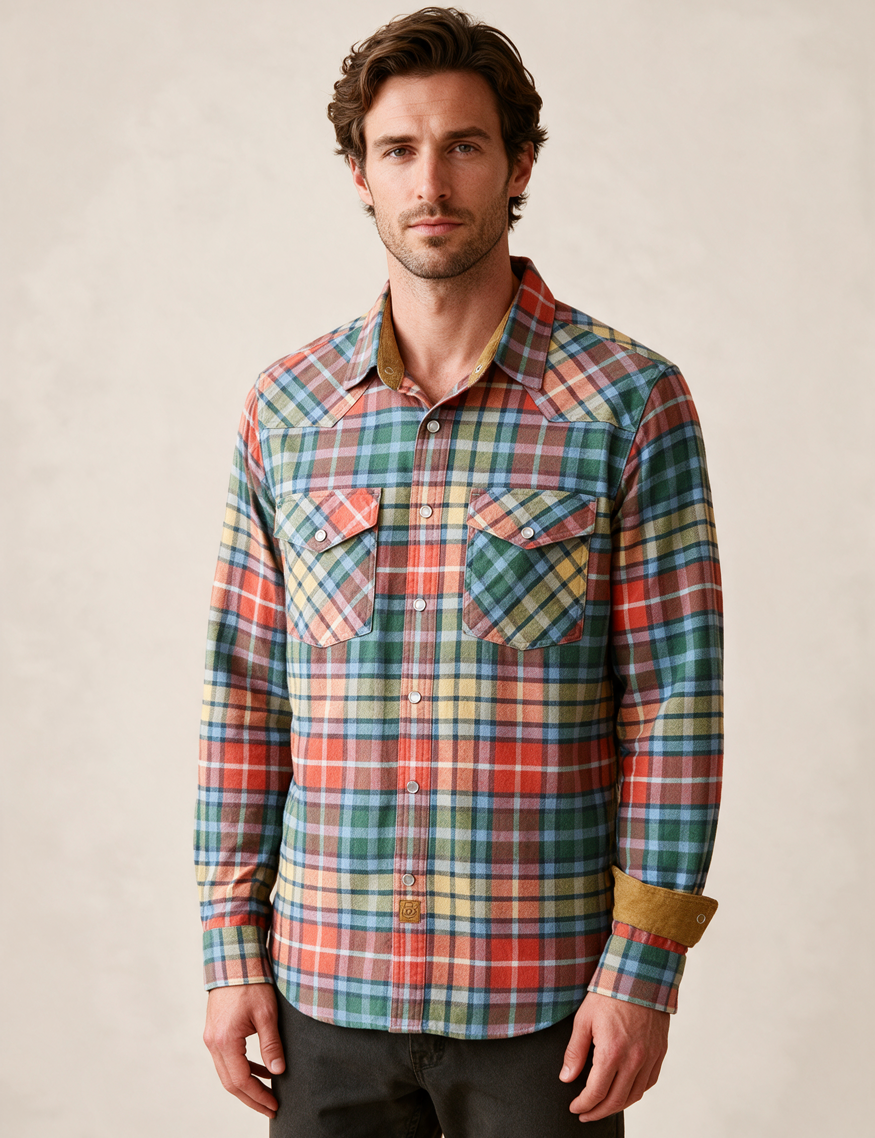 Modelo masculino a usar a camisa em fundo bege