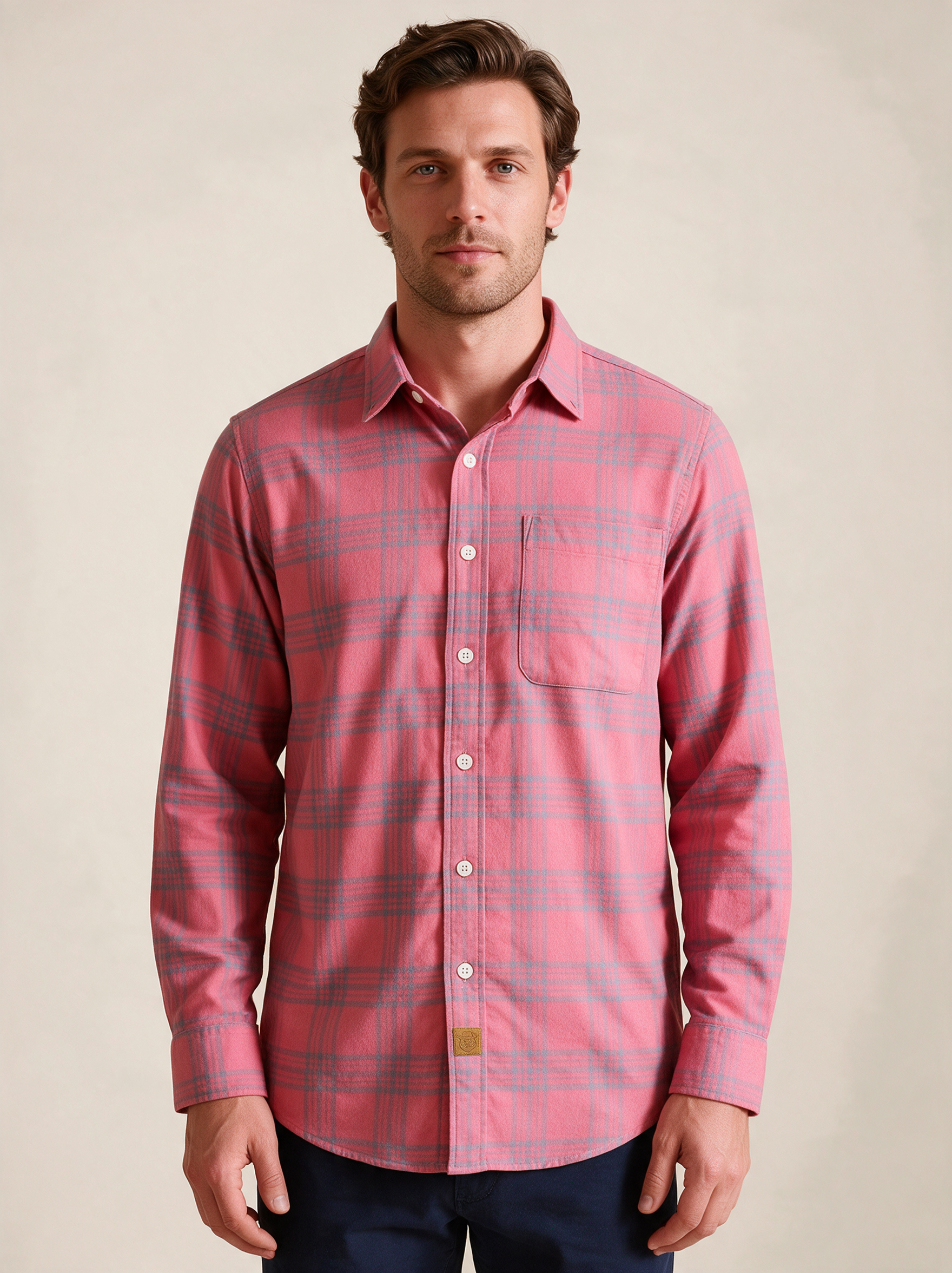 Modelo masculino a usar a camisa em fundo bege