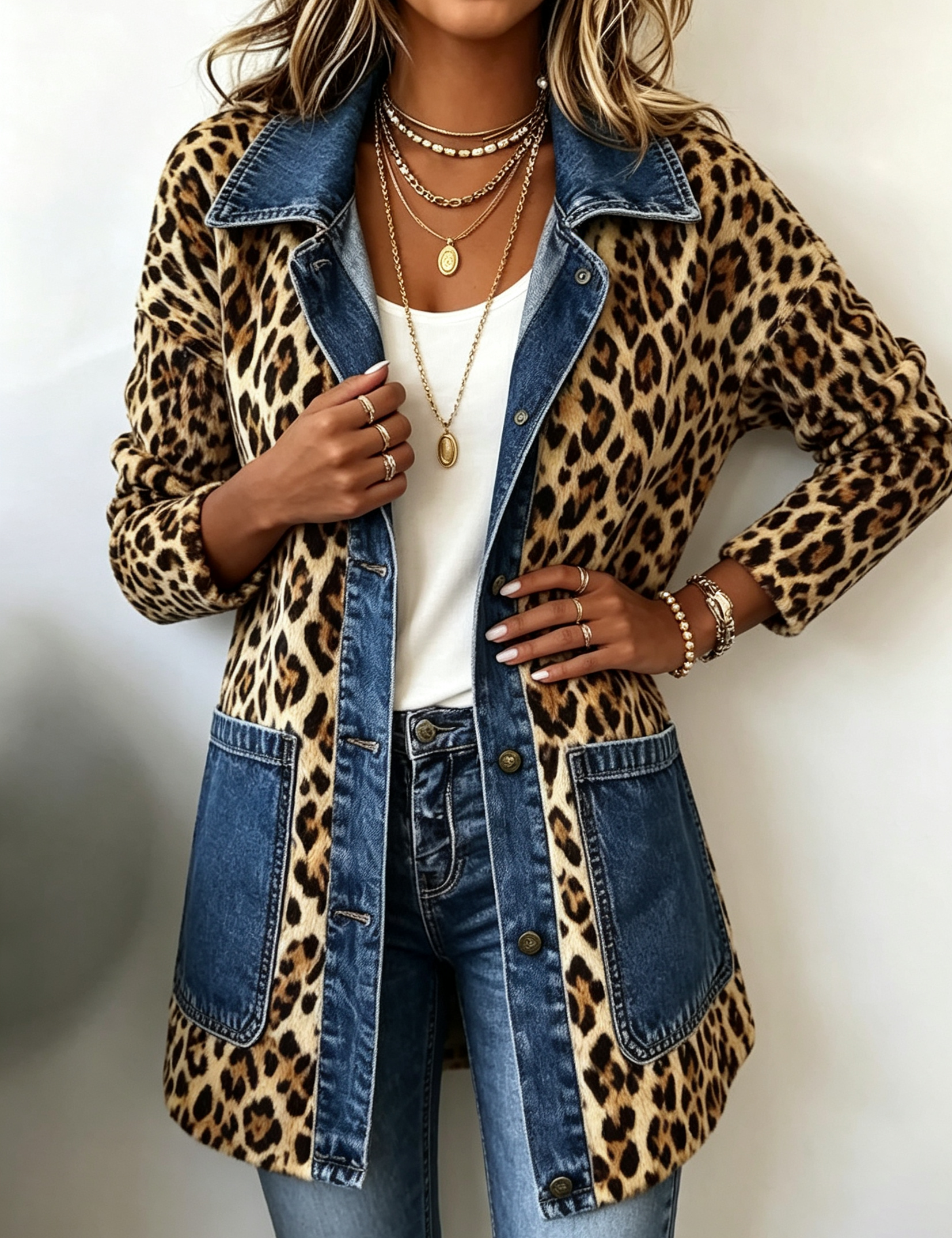 Selma | Lange Jacke mit Leopardenmuster und Kontrastbesatz – Bild 1