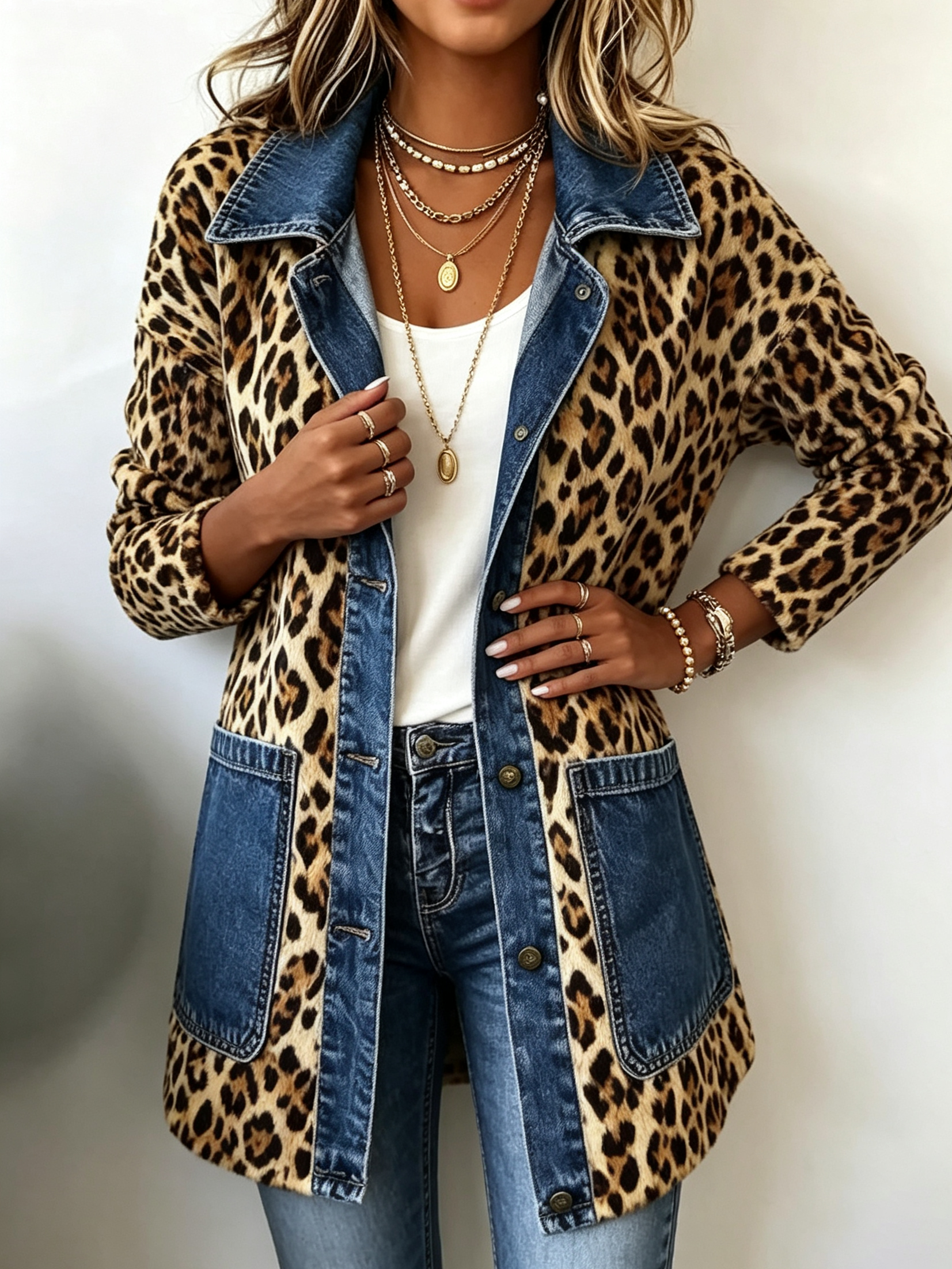 Selma | Lange Jacke mit Leopardenmuster und Kontrastbesatz – Bild 1