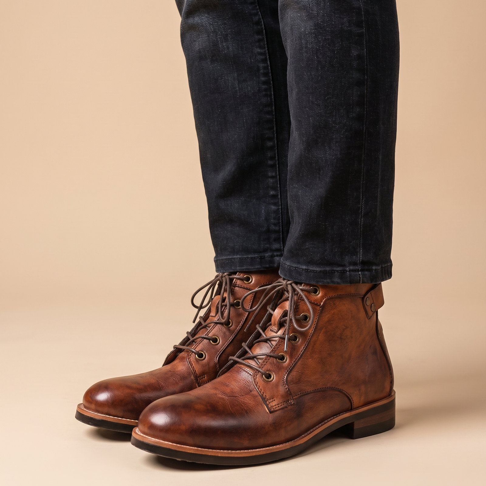 Herrenschuh auf warmbeigem Hintergrund #E8DED2 mit männlichem Modell